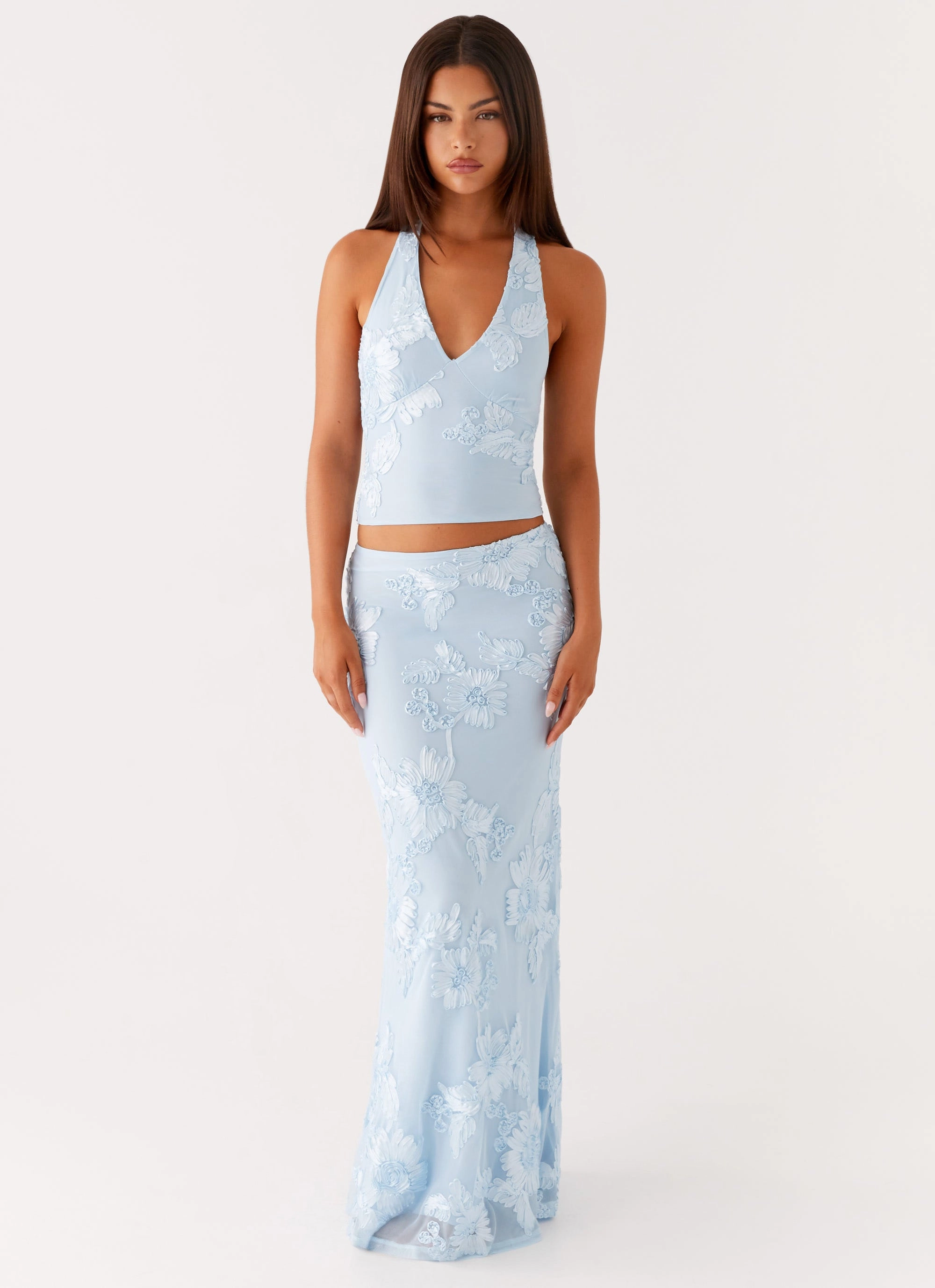Comfy Vibes Soft Brushed Lining Radiate Maxi Skirt - Blue