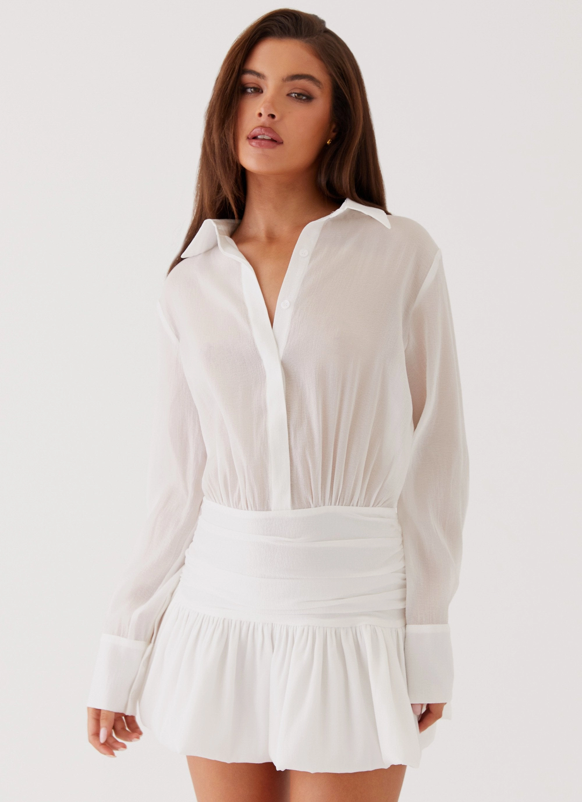 Back Glow Calm Texture Rae Long Sleeve Shirt Dress - White
