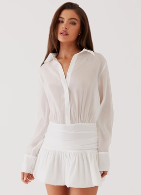 Back Glow Calm Texture Rae Long Sleeve Shirt Dress - White