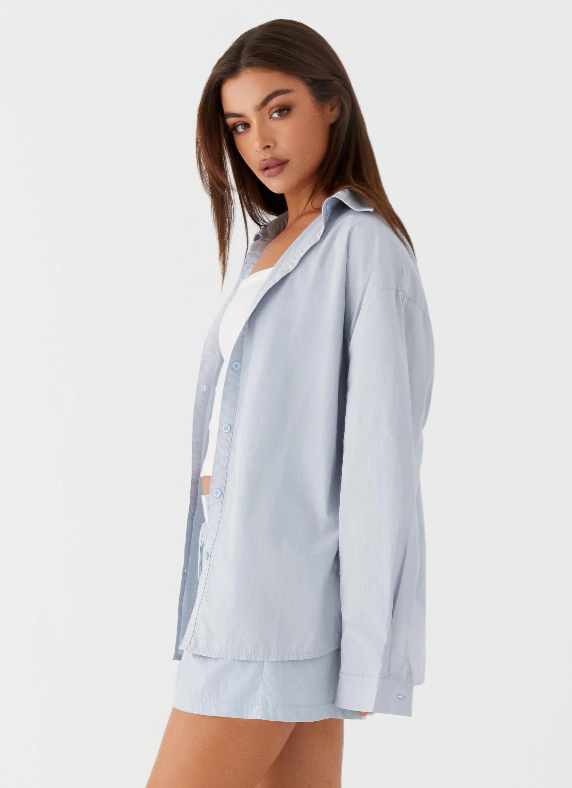 Subtle Color Tone Four Way Stretch Emelda Long Sleeve Shirt - Blue