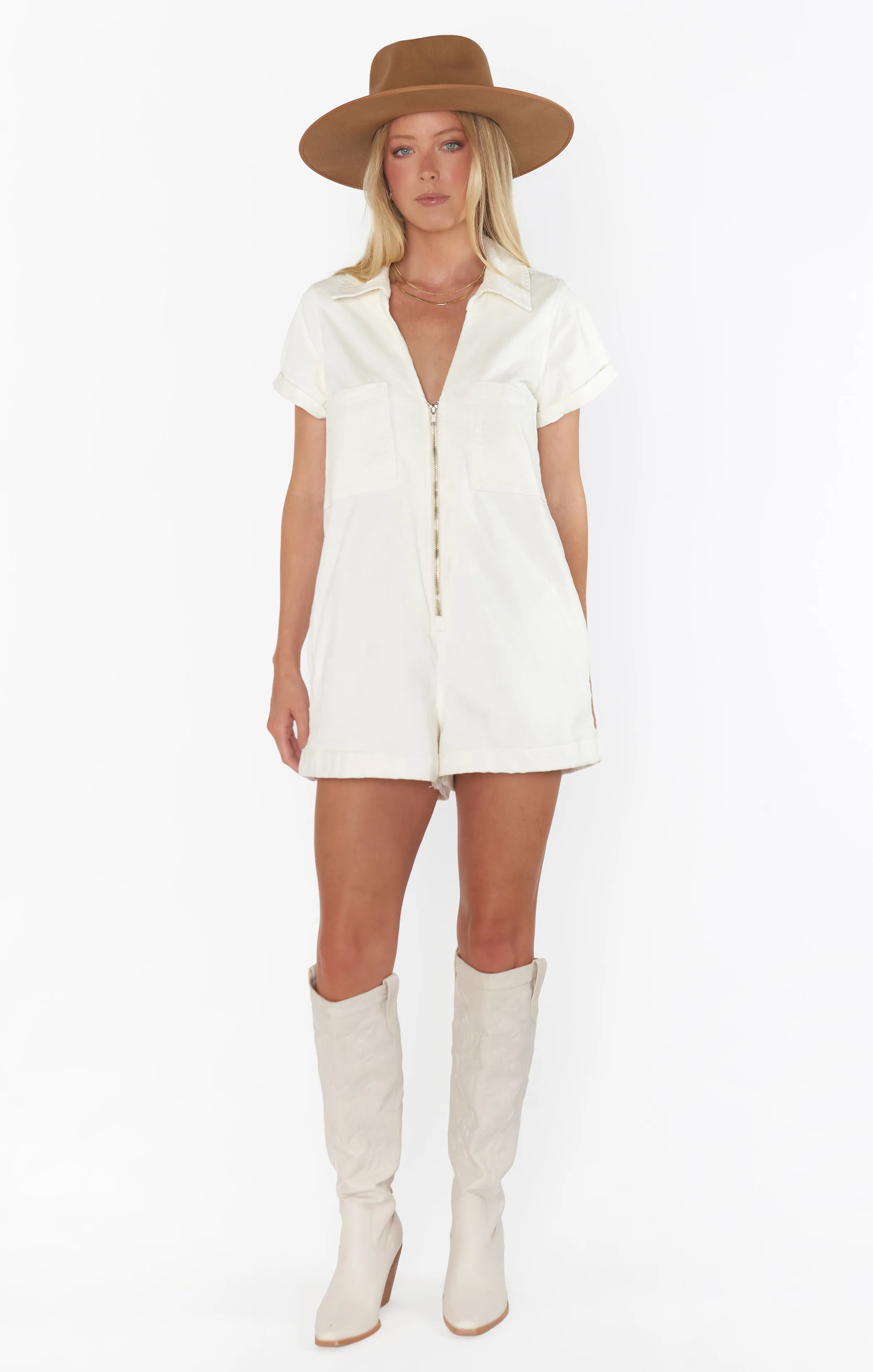 Range Zip Up Romper ~ Cream Corduroy