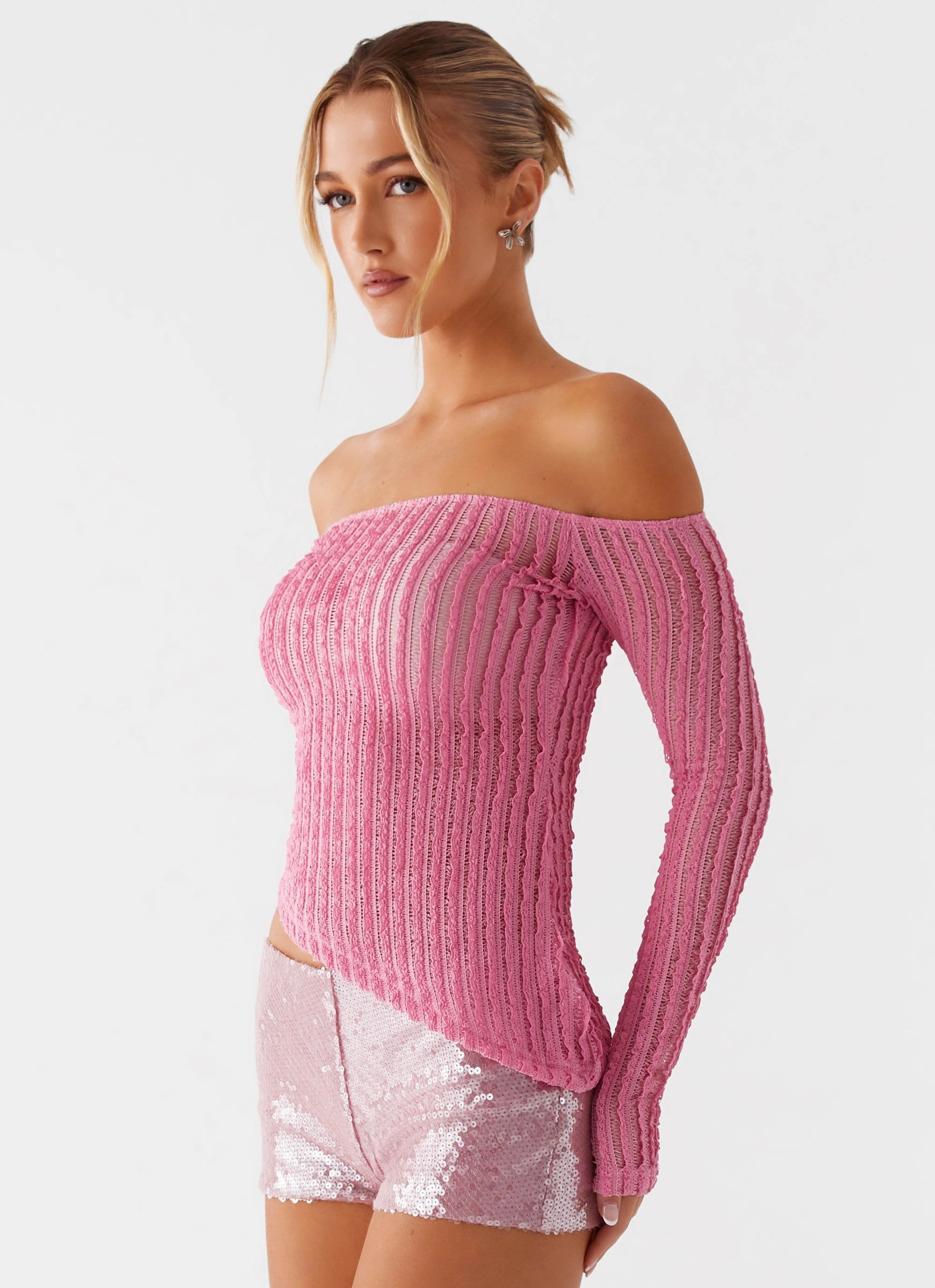 Four Way Stretch Material Multi Pocket Functional Design Raquel Off Shoulder Long Sleeve Top - Pink