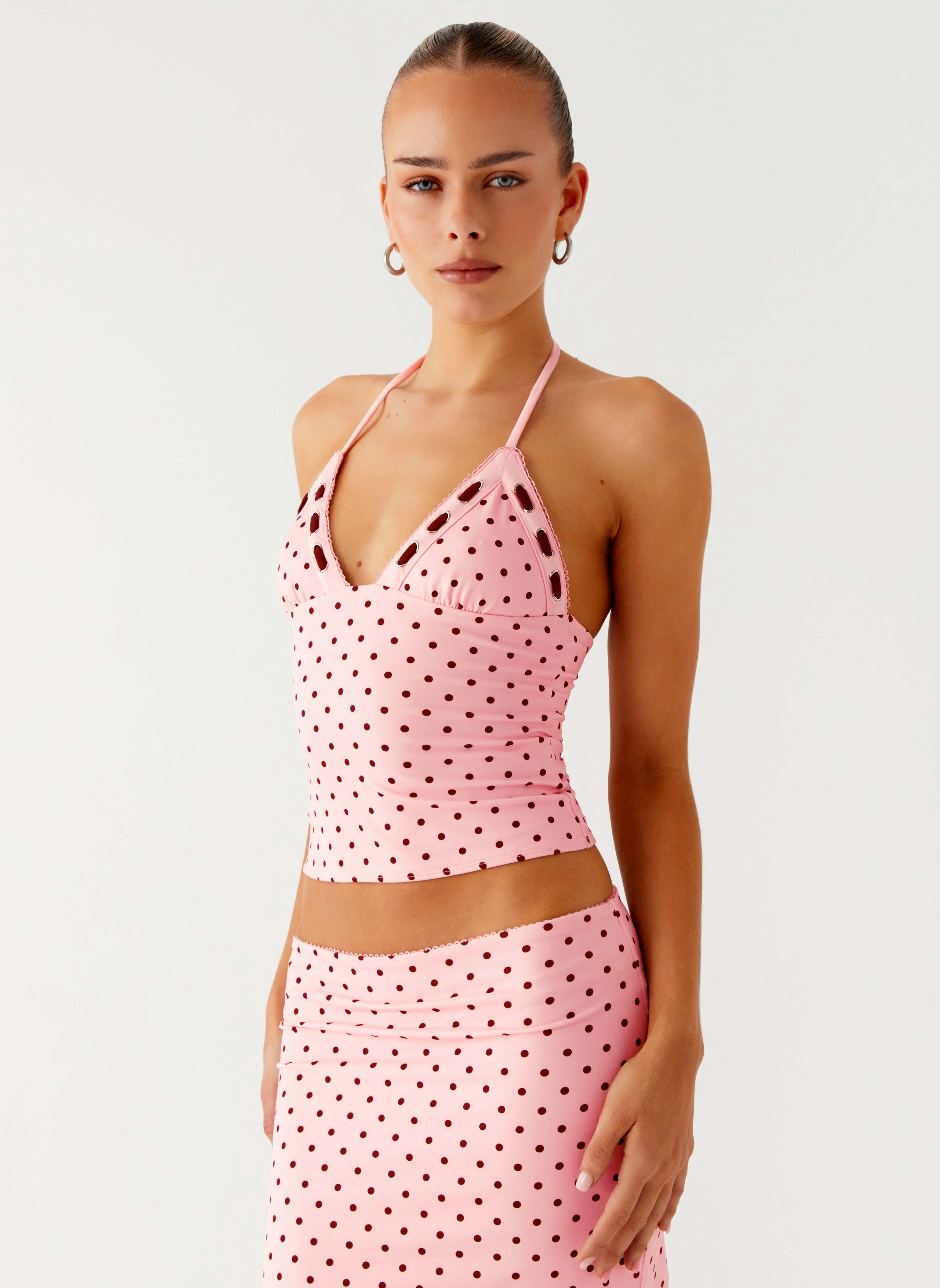 Waterproof Zipper Closure Bahama Eyelet Lace Up Top - Strawberry Dot