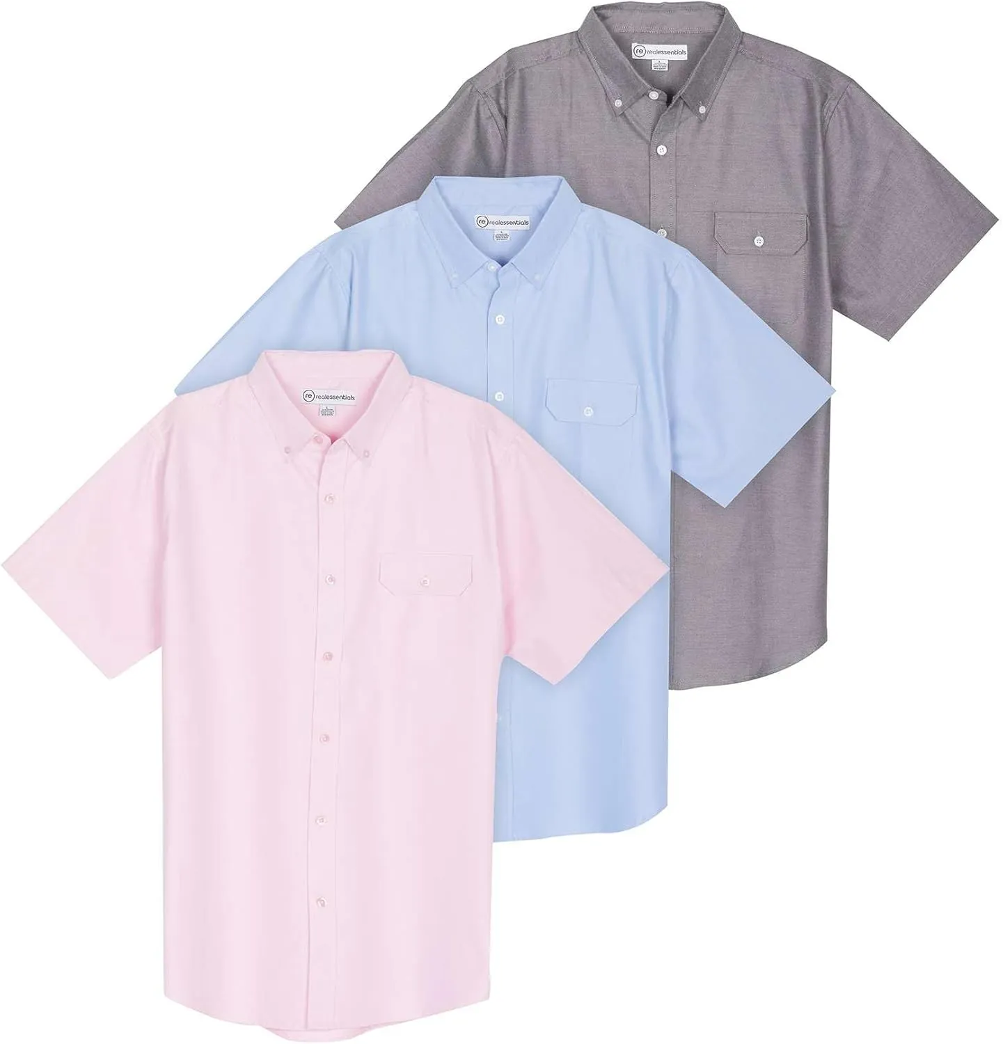 Real Essentials 3 Pack Men's Short-Sleeve Oxford Solid Button Down Collar Casual Shirts with Pocket (Available in Big & Tall)