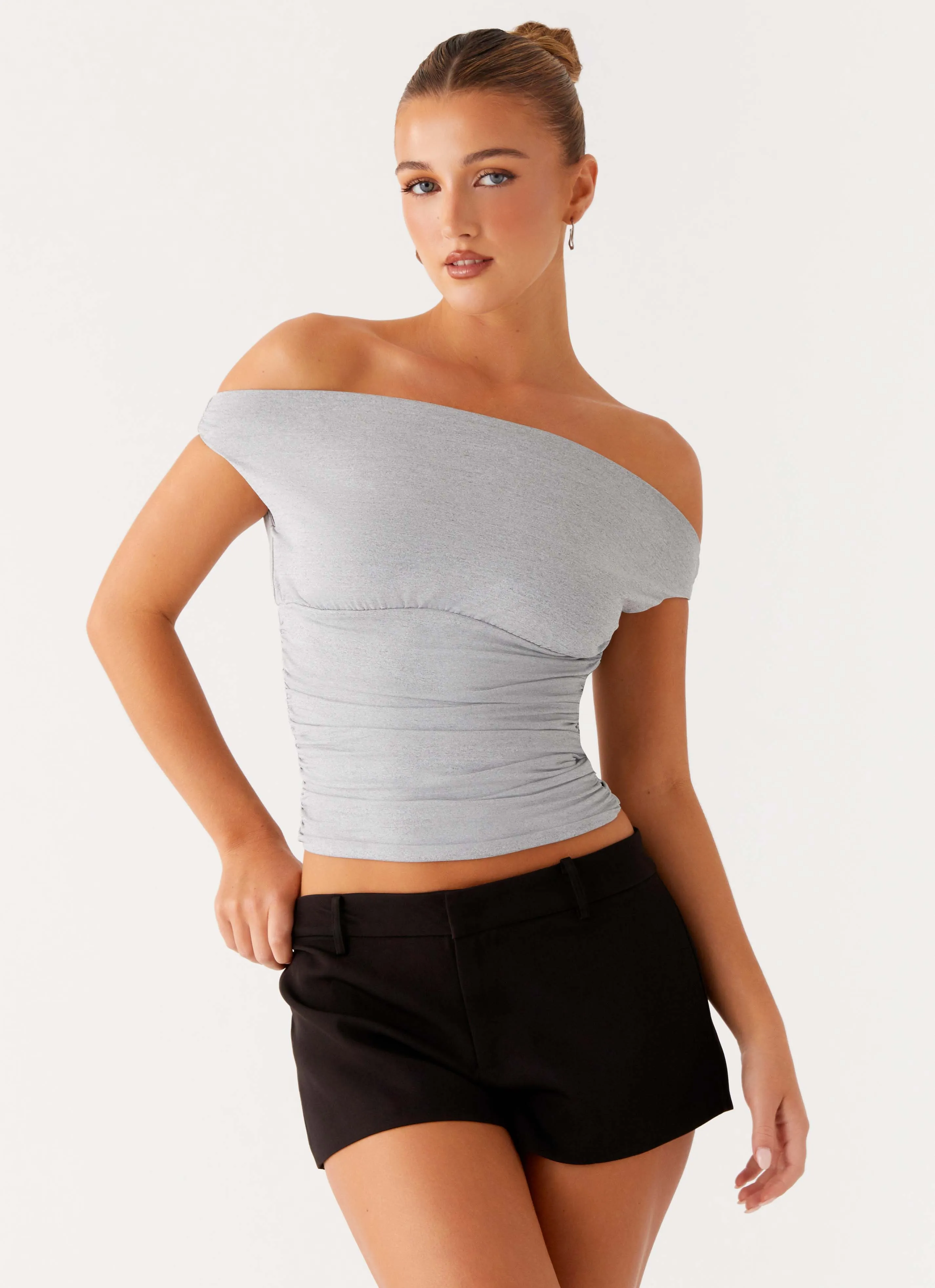 Reva Off Shoulder Top - Grey ButtonlessClosure Soft Brushed Lining