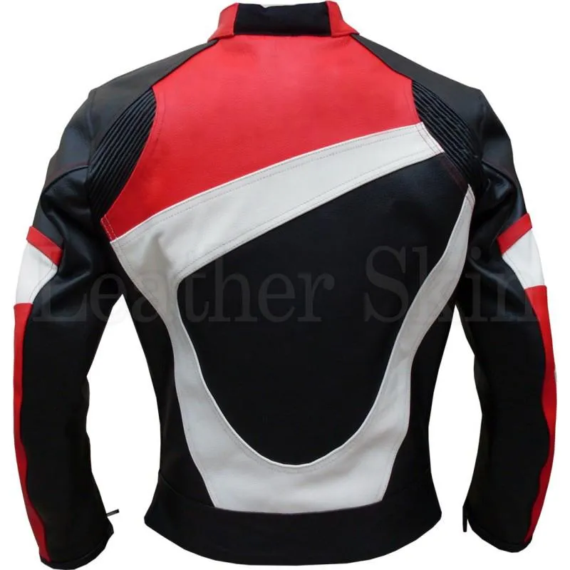 Red Motorcycle Biker Genuine Leather Jacket With Black and White Stripes