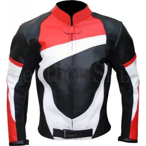 Red Motorcycle Biker Genuine Leather Jacket With Black and White Stripes