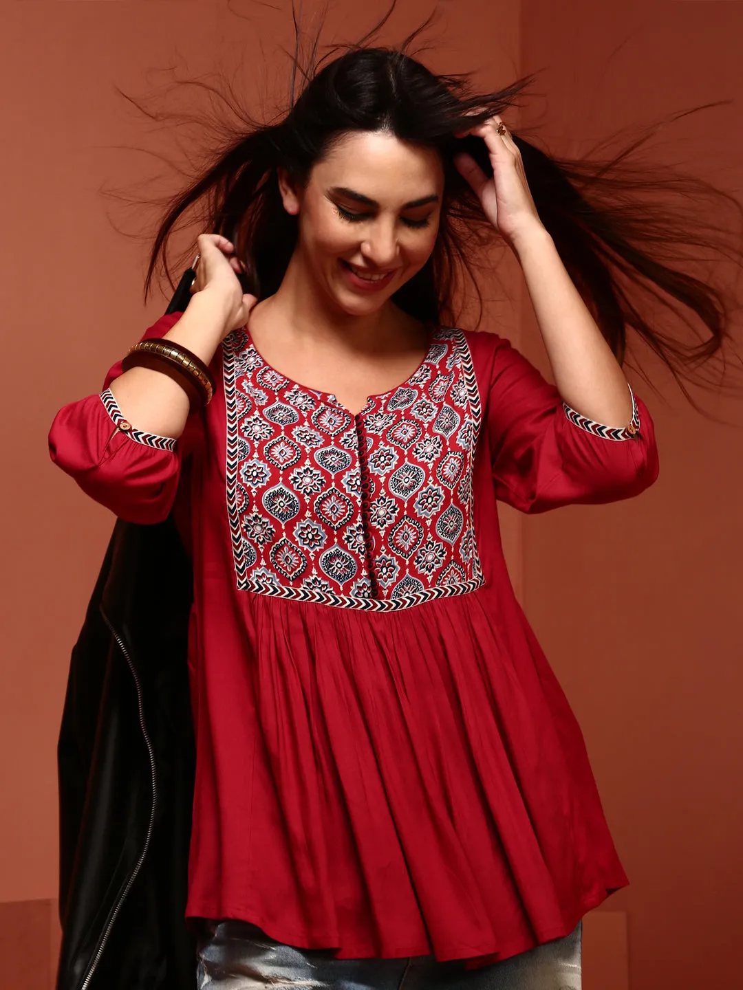 Red Printed Flared Top
