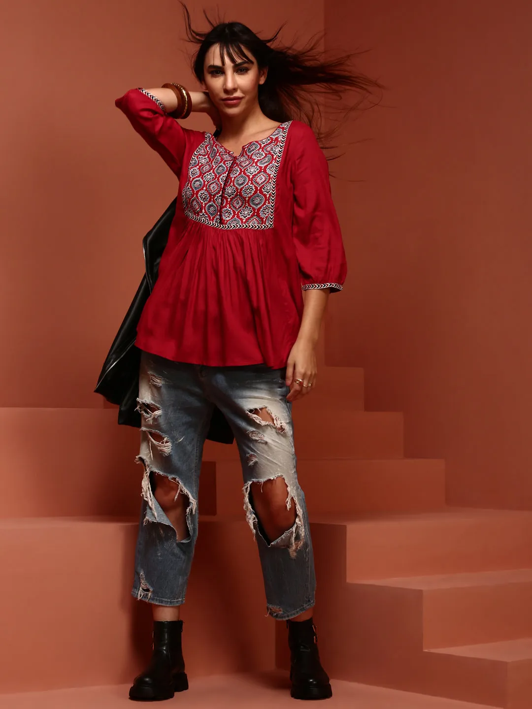 Red Printed Flared Top