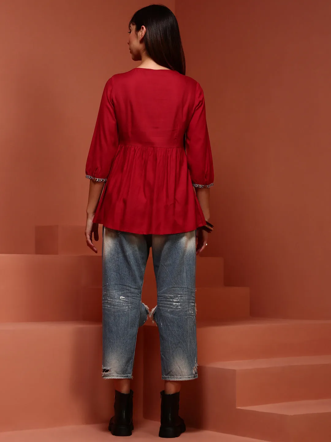 Red Printed Flared Top