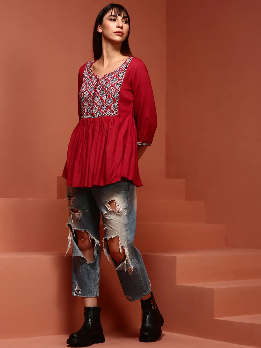 Red Printed Flared Top