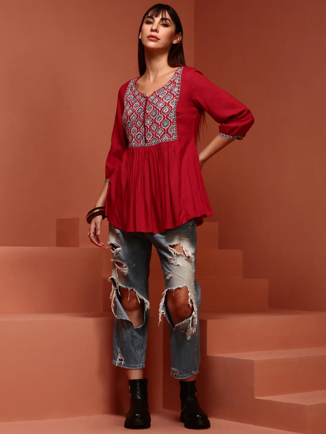 Red Printed Flared Top