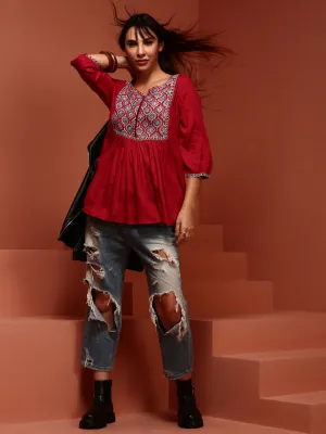 Red Printed Flared Top