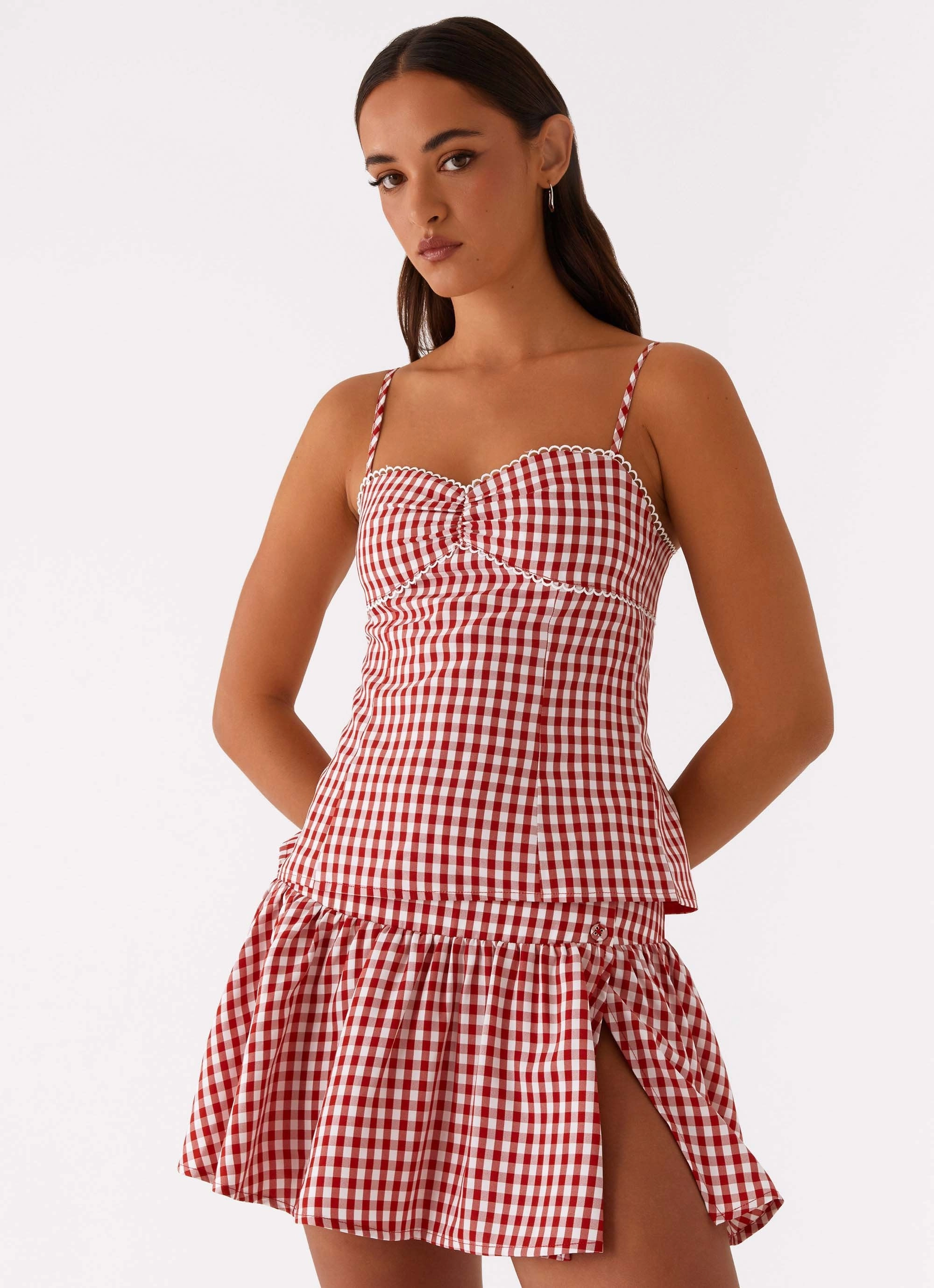 Bellamy Top - Red Gingham Ribbed Trim UltraFineMesh
