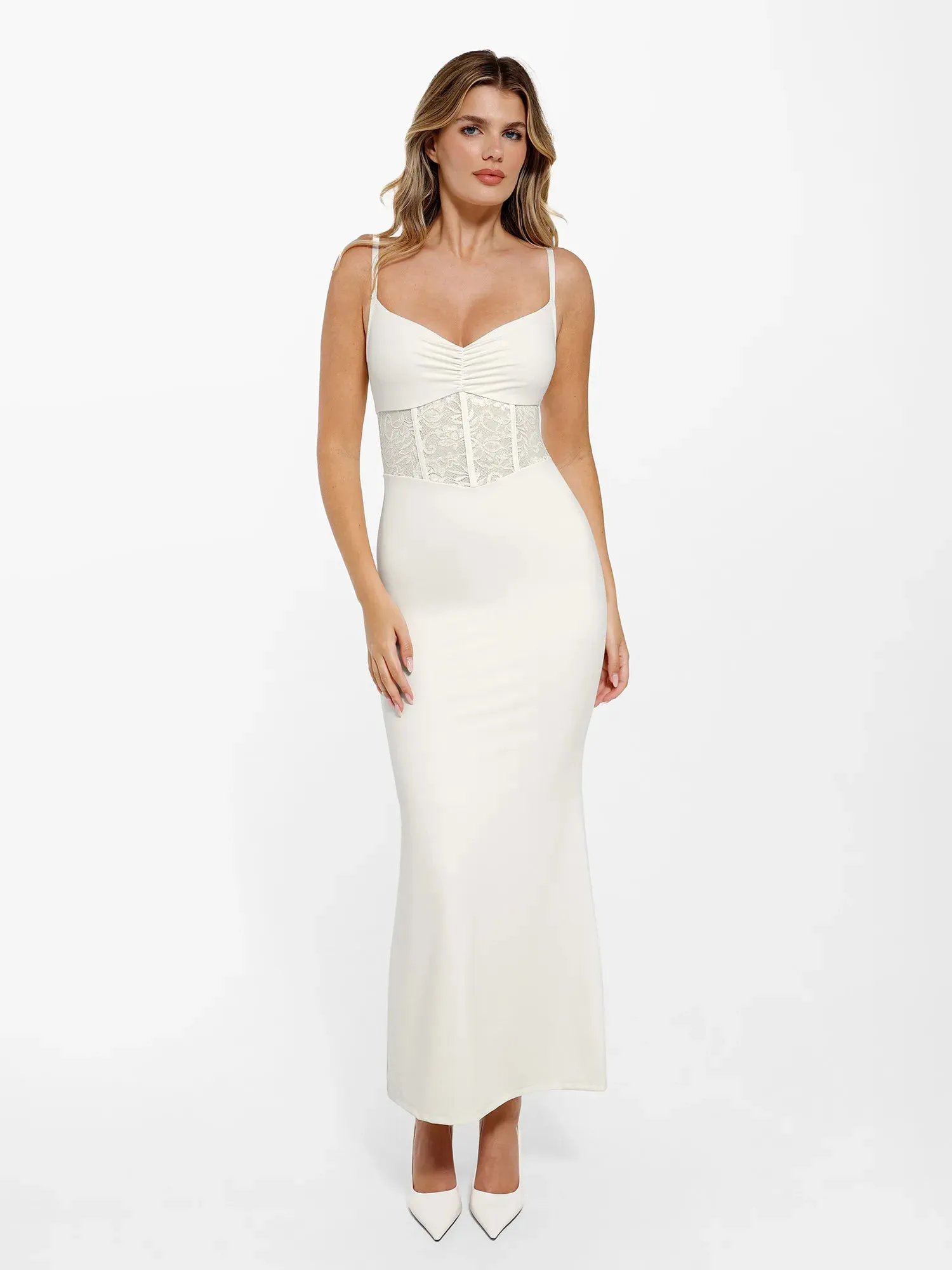 Shapewear Lace Inset Sculpting Mermaid Maxi Slip Dress Anti Fade Technology