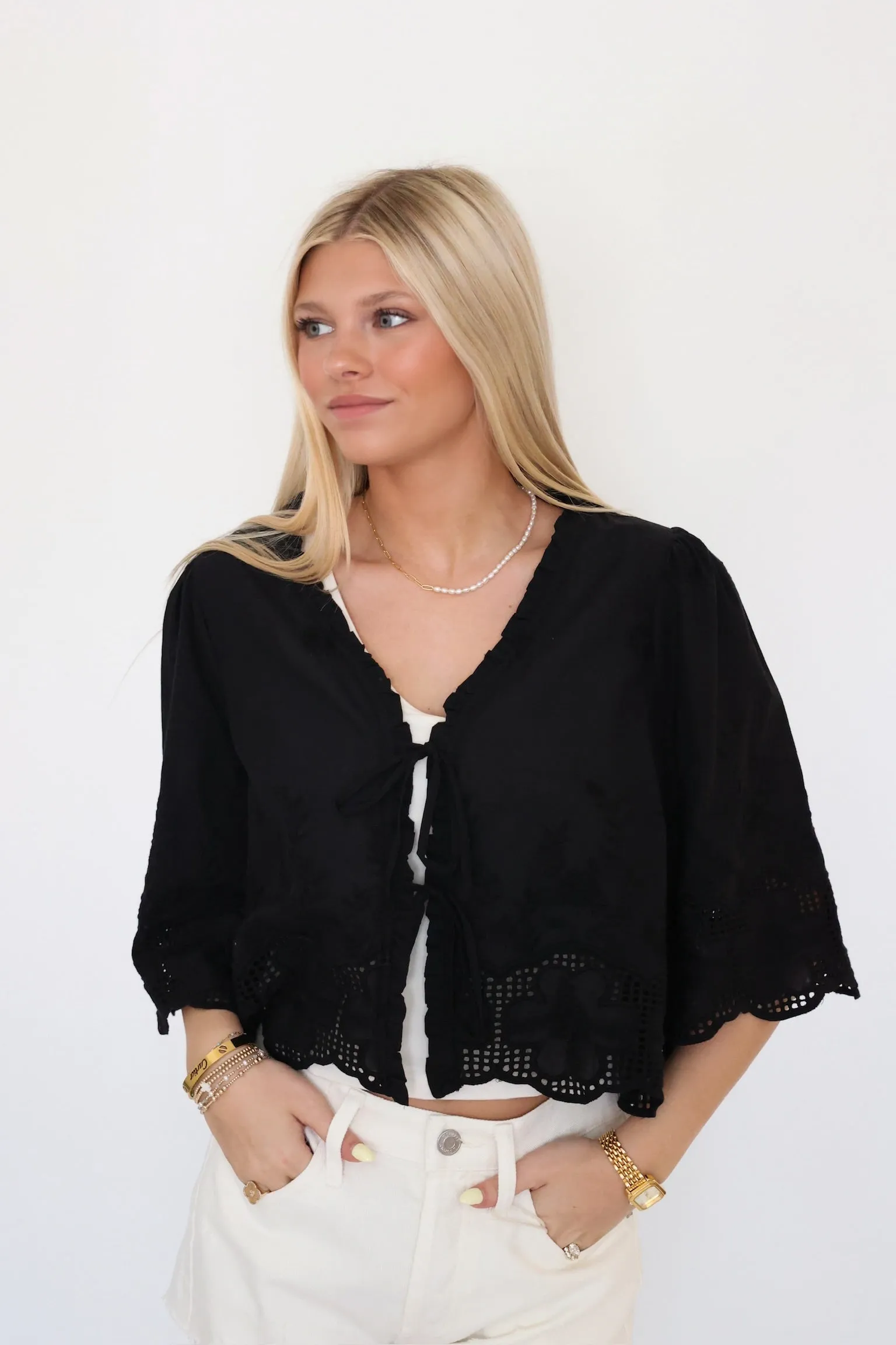 Daisy Tie Front Blouse- Black Reinforced Elbow Patches
