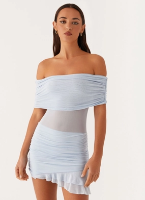 Cool Elegance Waist-Cinching Nelly Off Shoulder Mini Dress - Blue