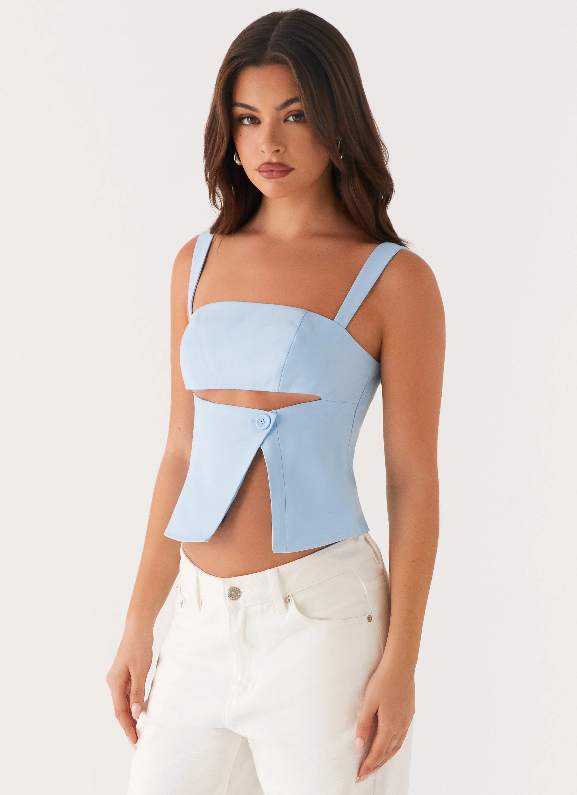 Weighted Hem Design Pia Cut Out Top - Pastel Blue