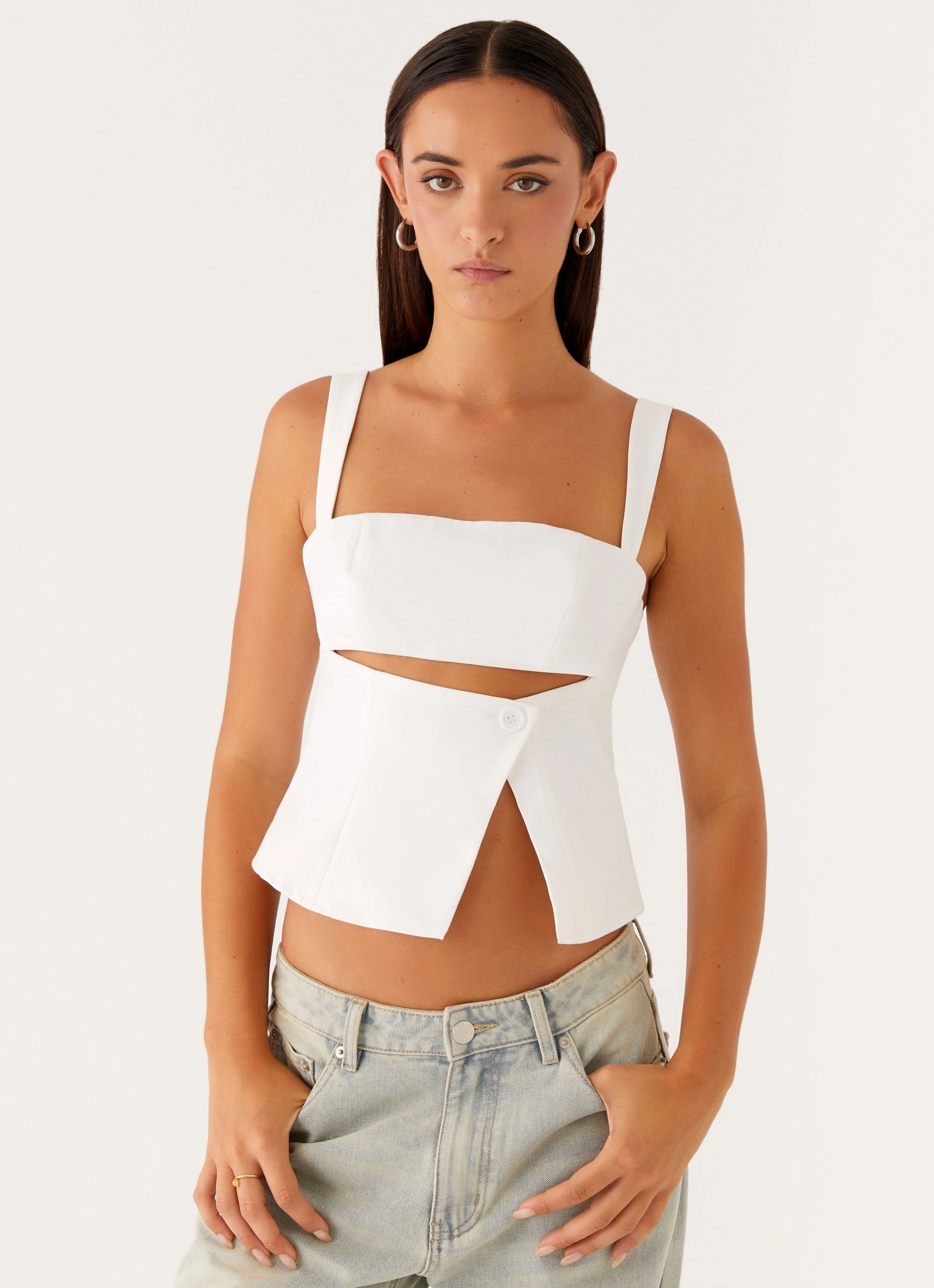 Low Profile Zipper Closure Pia Cut Out Top - White