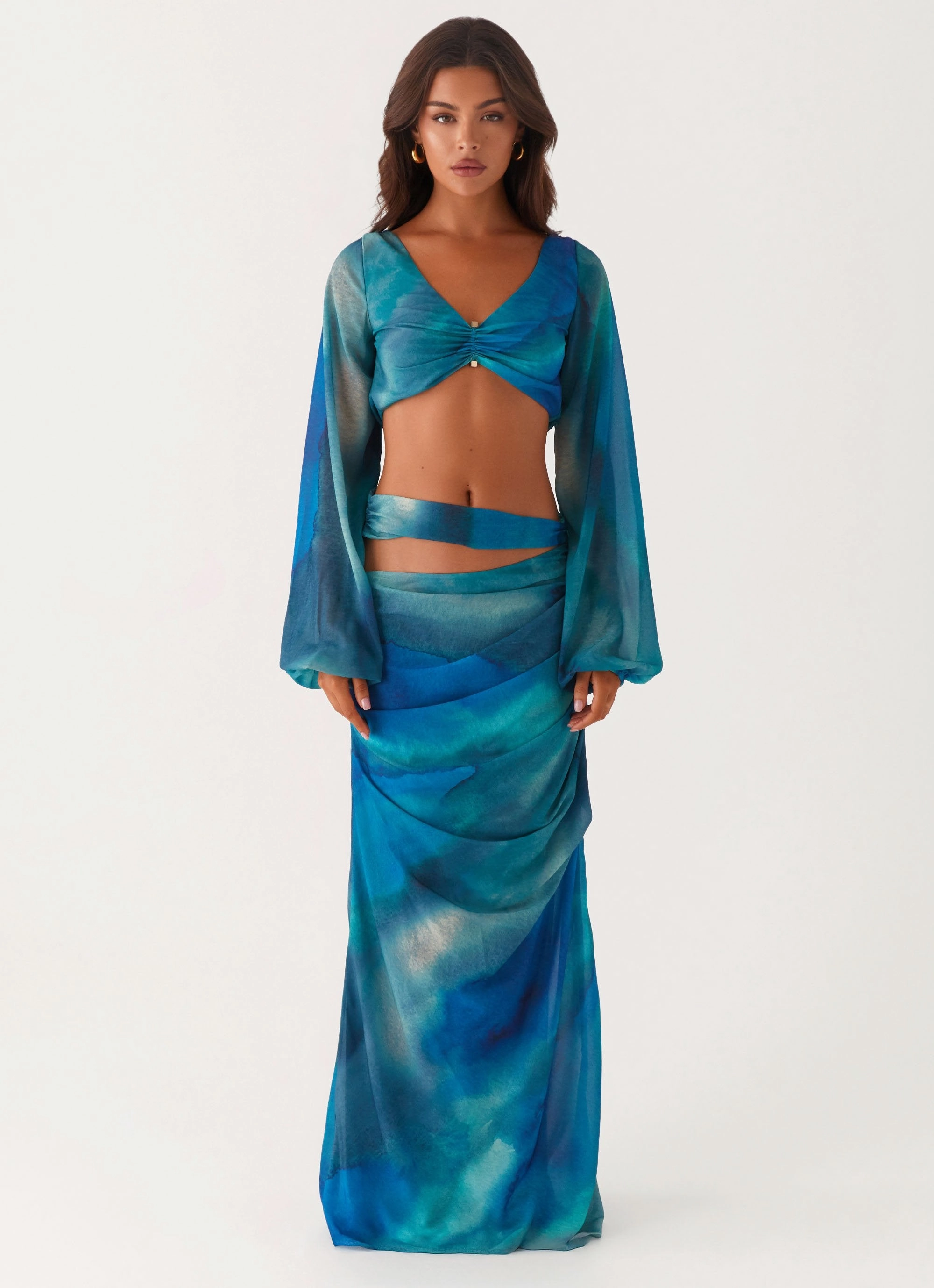 Single Buttons Temperature Regulating Fabric Austin Long Sleeve Top - Blue Tie Dye