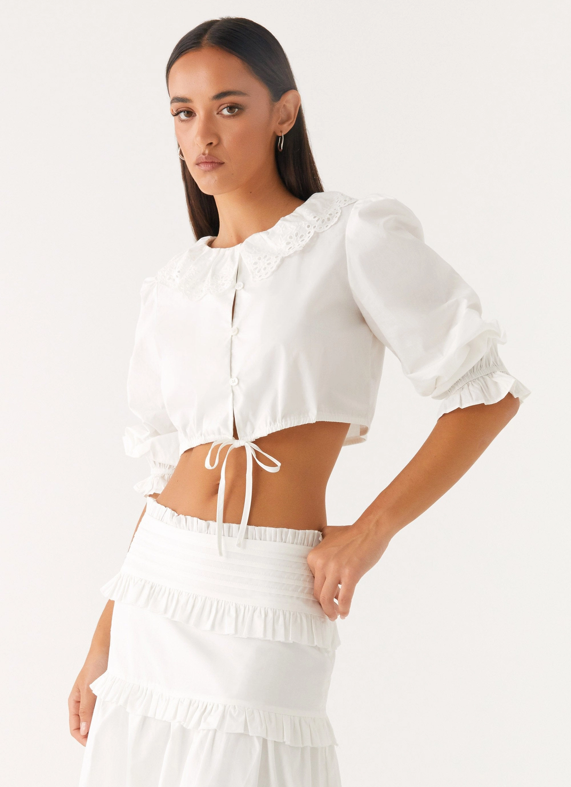 Melania Blouse - White High Collar Design Low Profile Zipper Closure