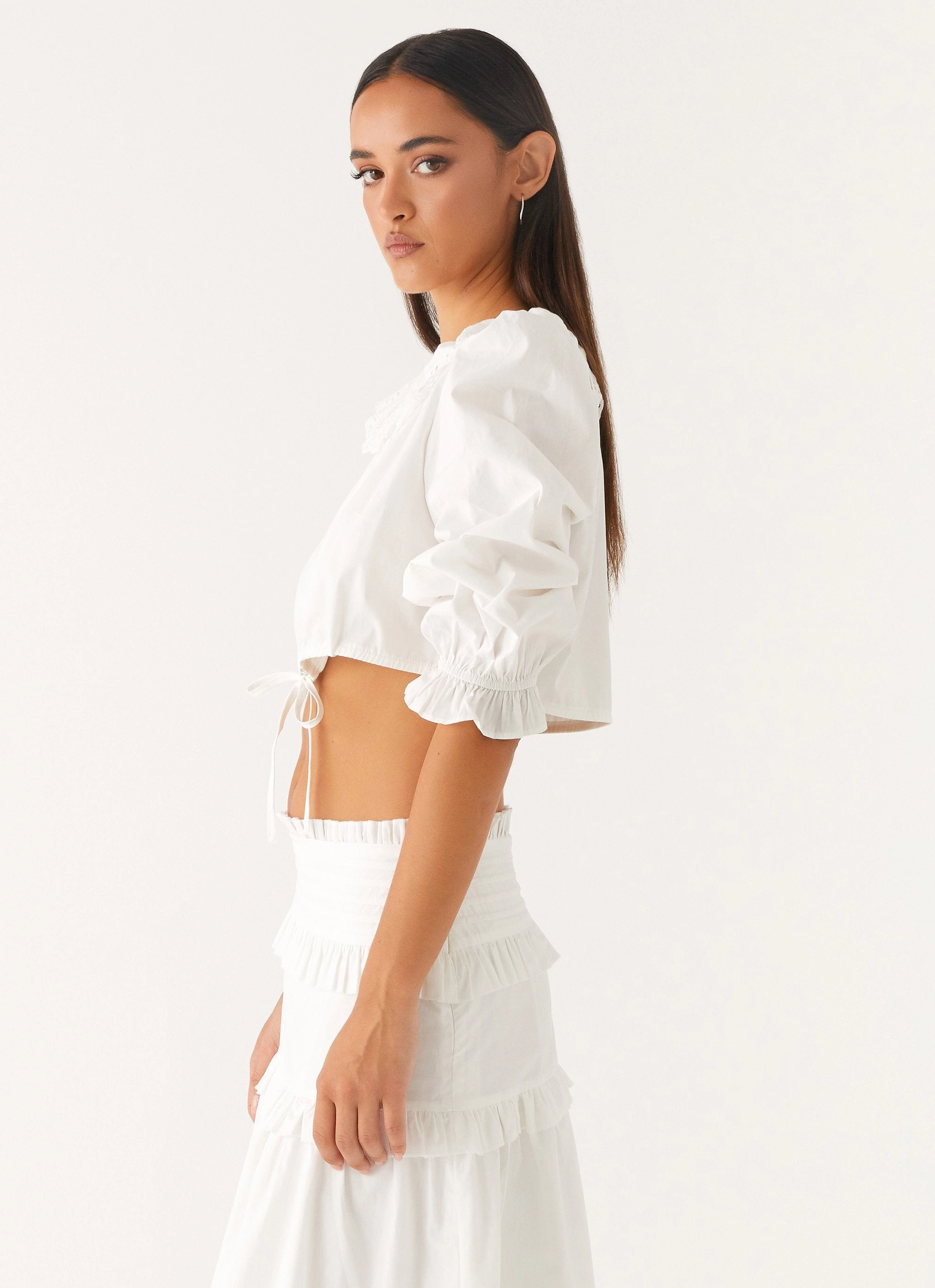 Melania Blouse - White HighNeckCut Luxurious Feel
