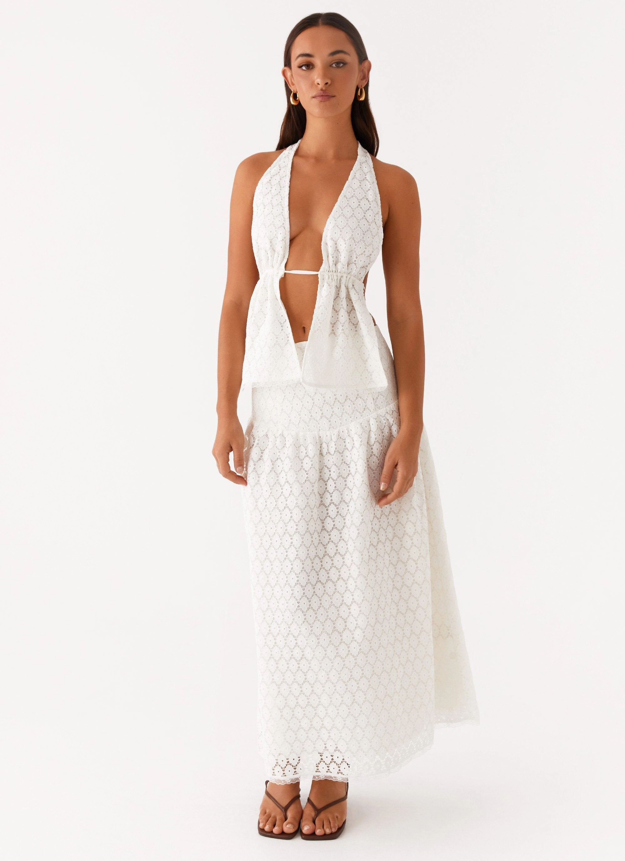 Compact Stitching Recycled Polyester Indiana Halter Tie Top - White