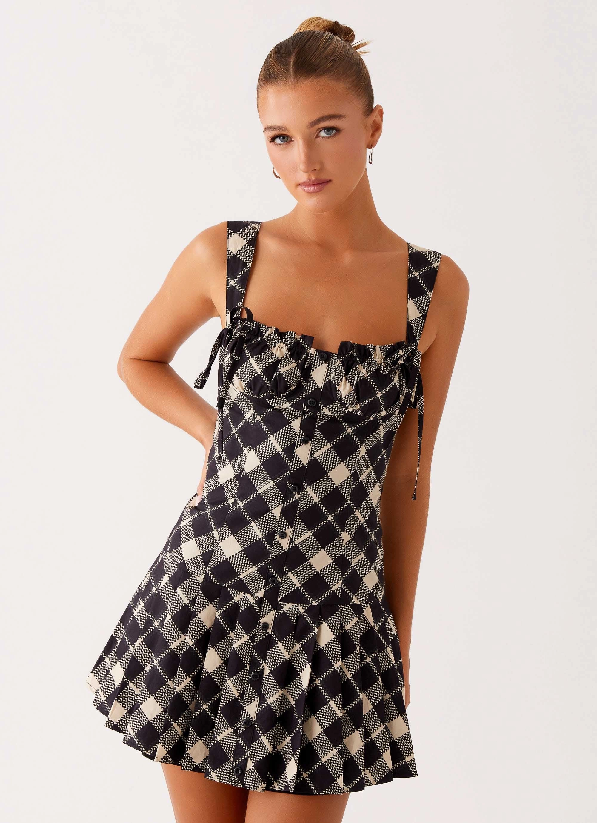 Tuni Mini Dress - Taupe Check Flexible Style Ruched-Detail