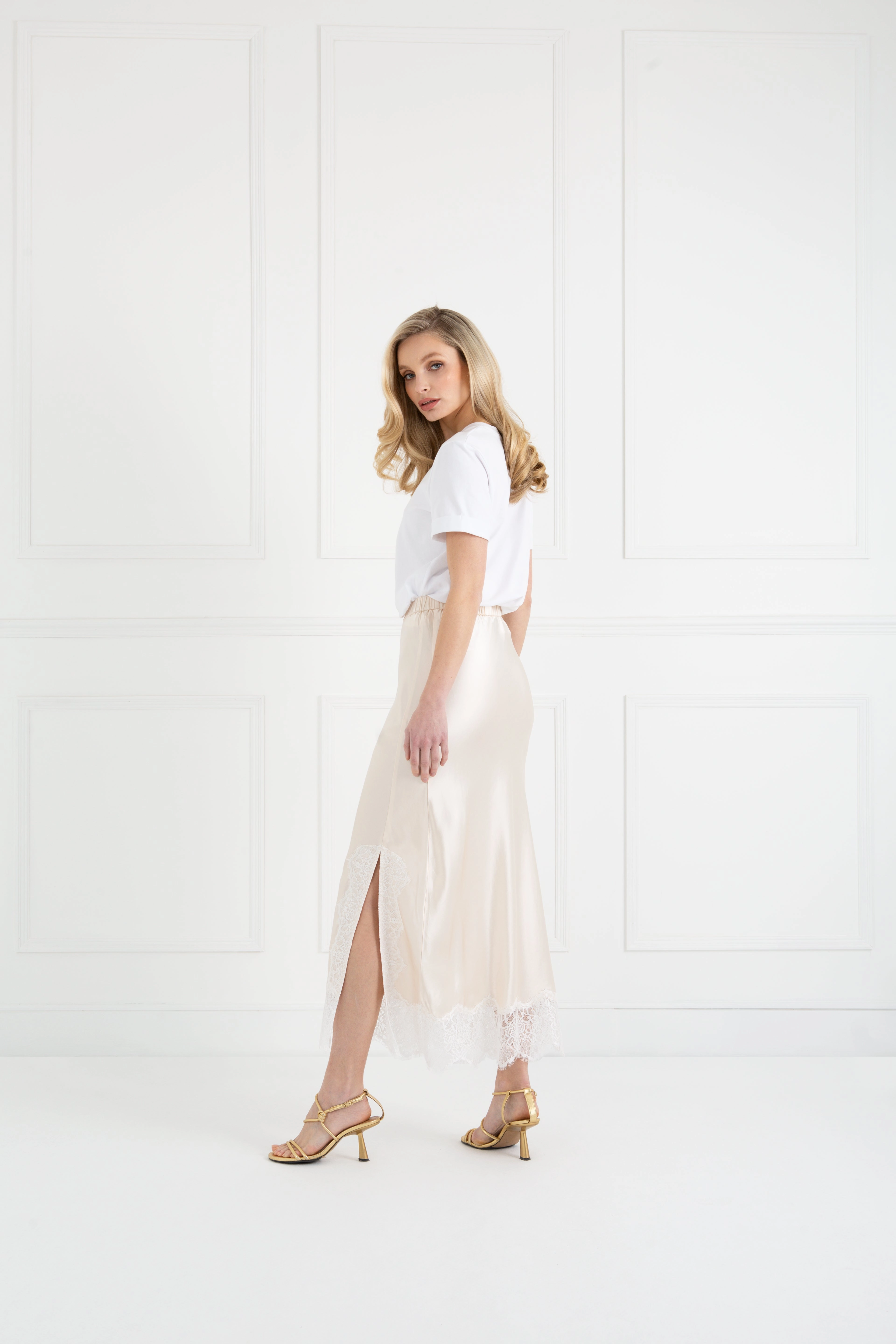 "The Orla" - Satin Lace Midi Skirt (Cream) Celebration Wear