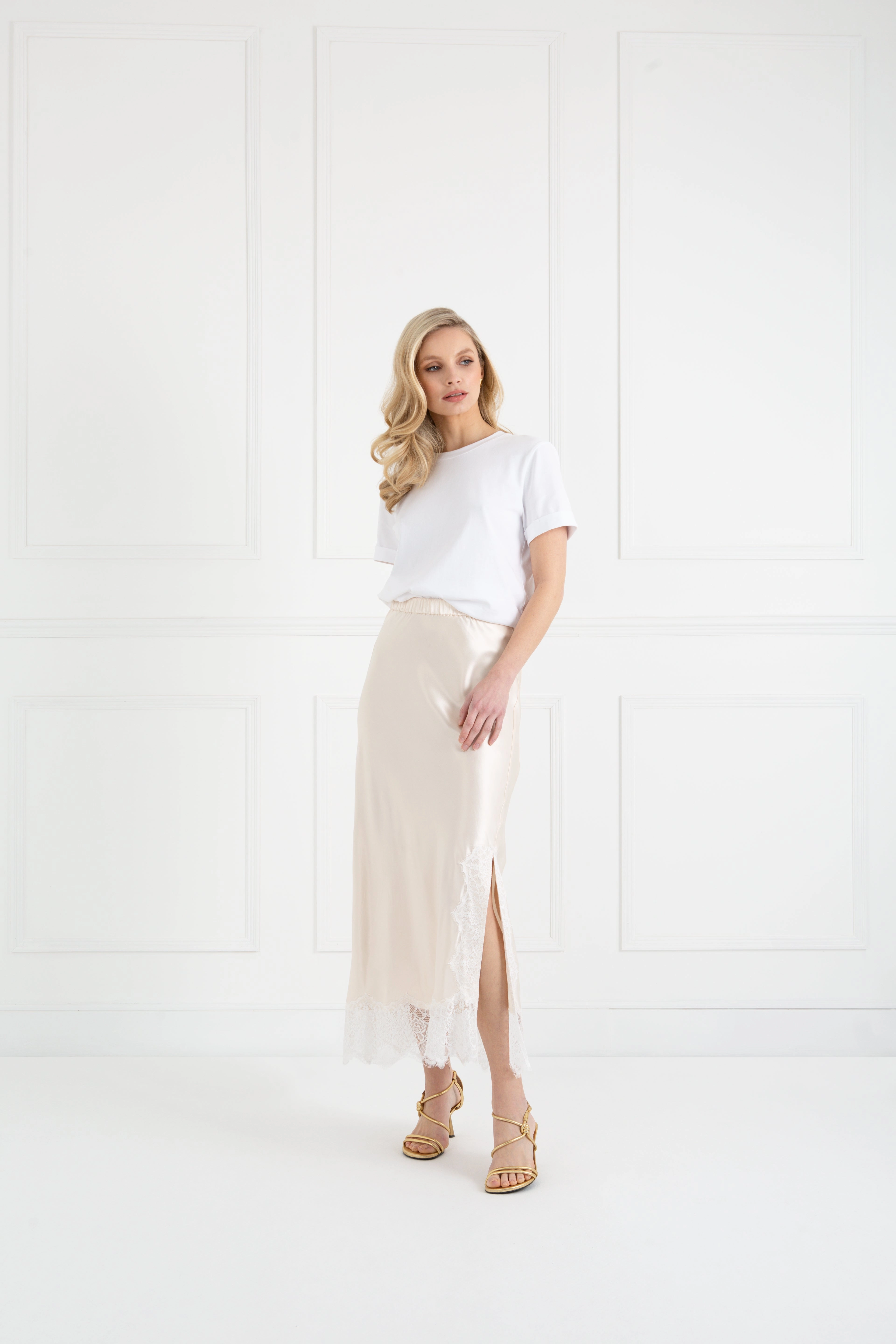 "The Orla" - Satin Lace Midi Skirt (Cream) Delicate Lines
