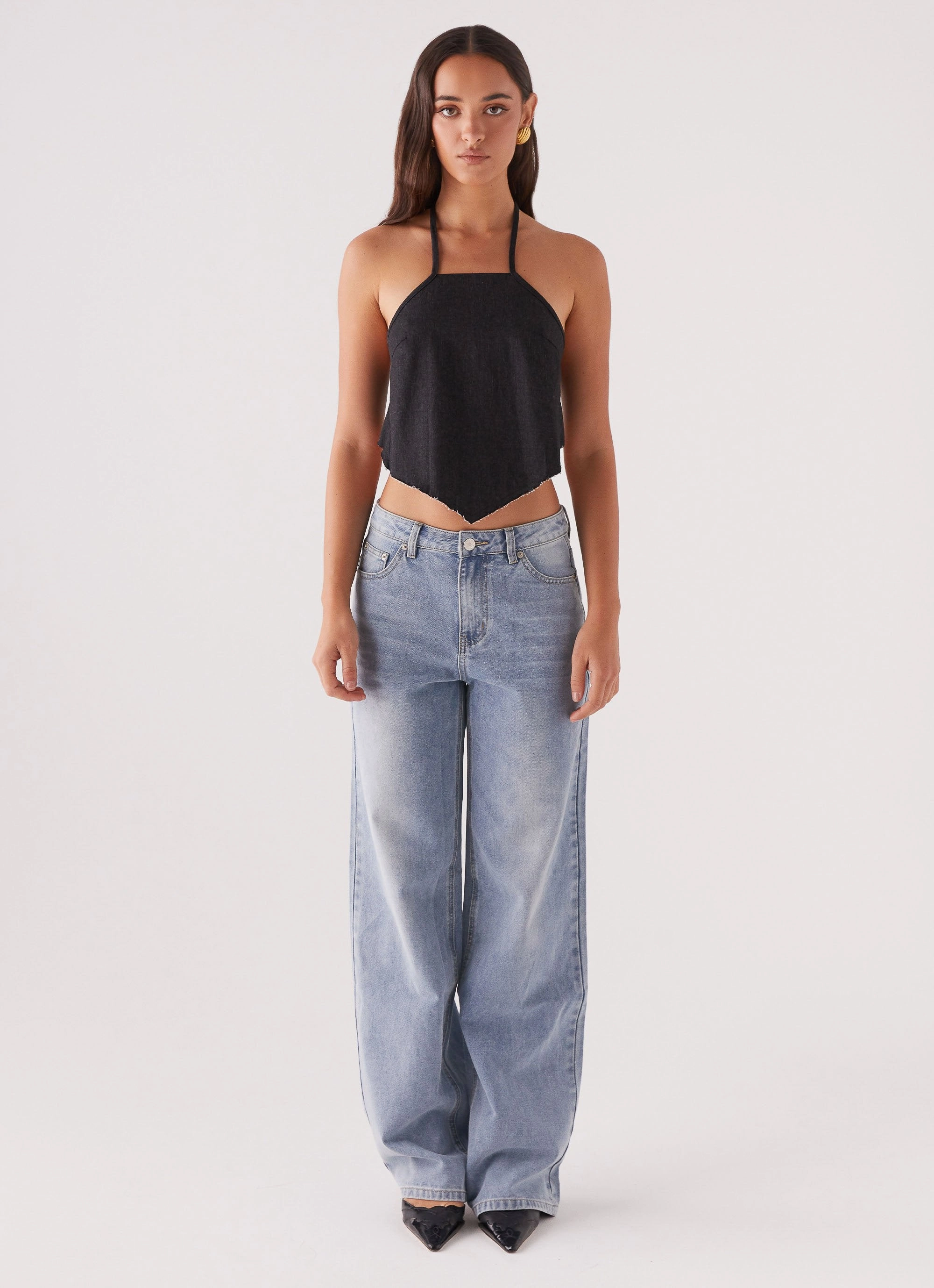 Rexi Halter Denim Top - Washed Black Tear Resistant Reinforcement