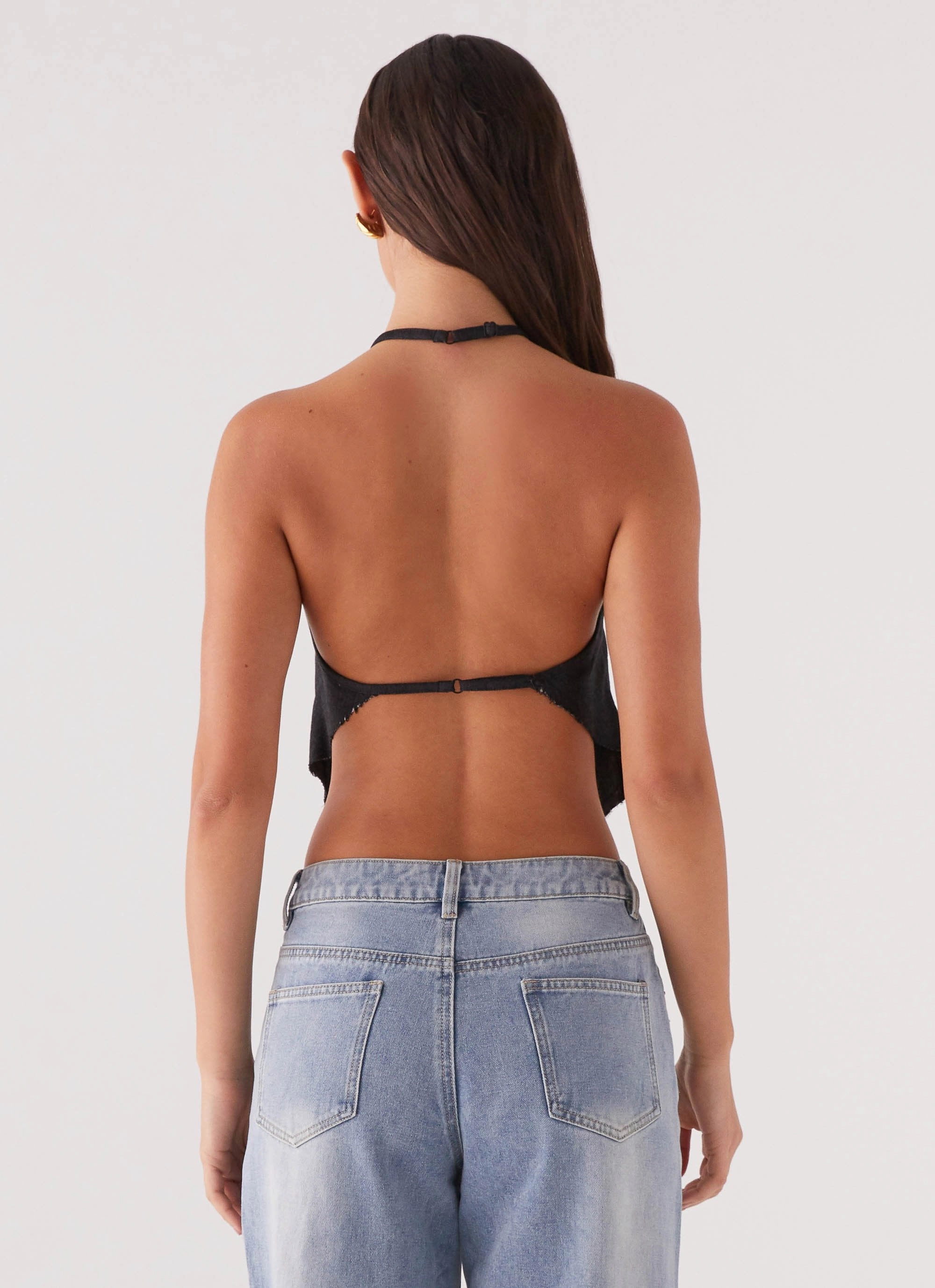 Rexi Halter Denim Top - Washed Black Moisture Management Fabric