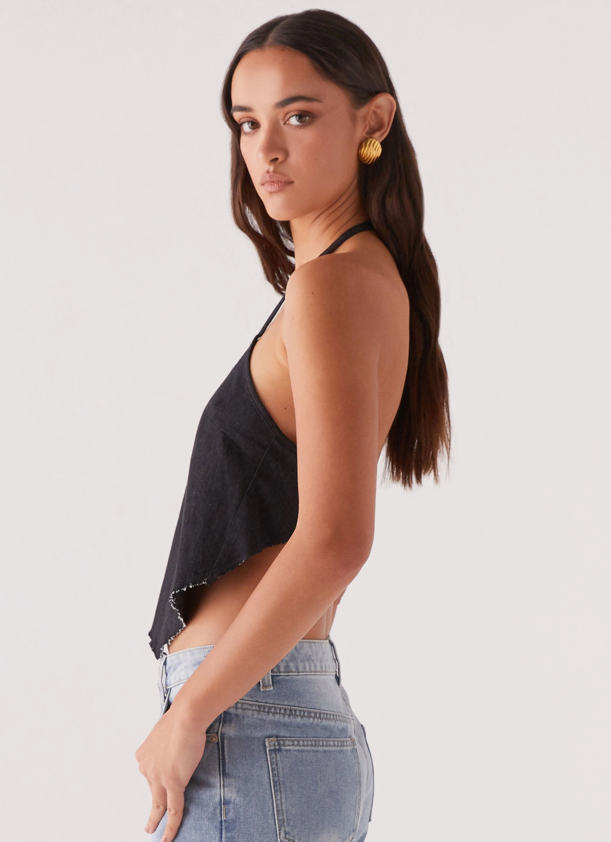VentilatedMeshPaneling Reflective Trims Rexi Halter Denim Top - Washed Black