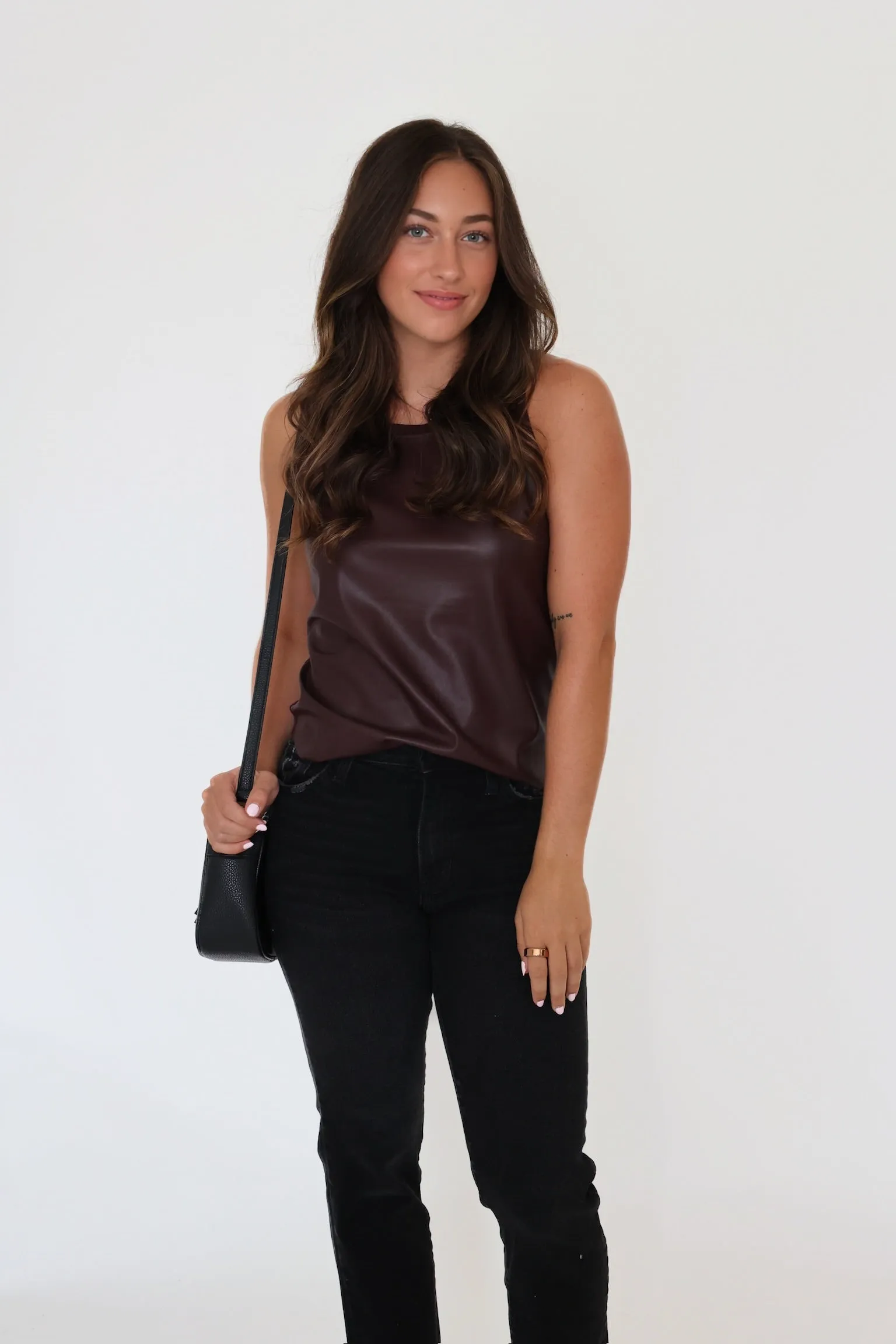 Cozy Fit Compact Jacquard Weave Carmela Vegan Leather Tank- Chocolate