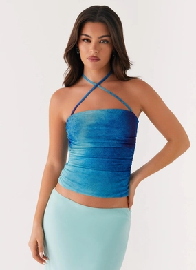 Yarn Dyed Pattern Cloth Remedy Halter Top - Blue Tie Dye