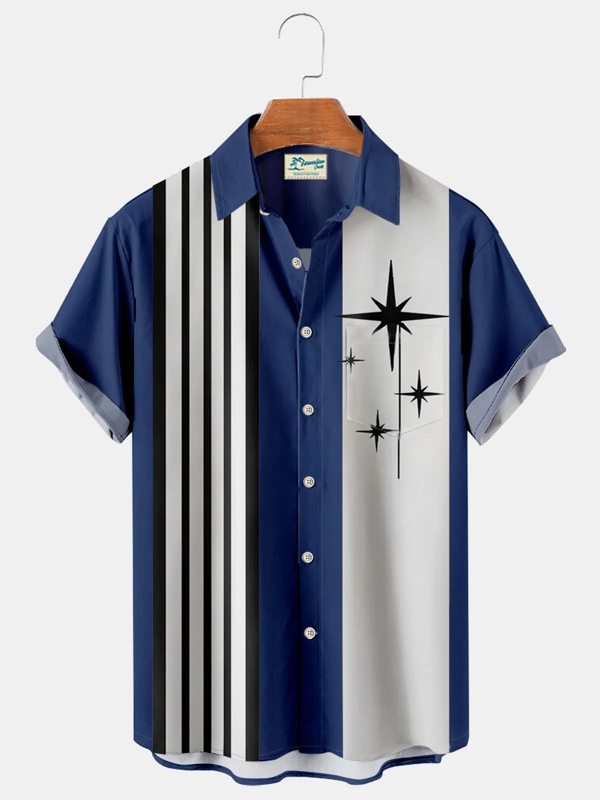 retro bowling geometric pattern stripe print men's chest pocket holiday shirt oversized shirt