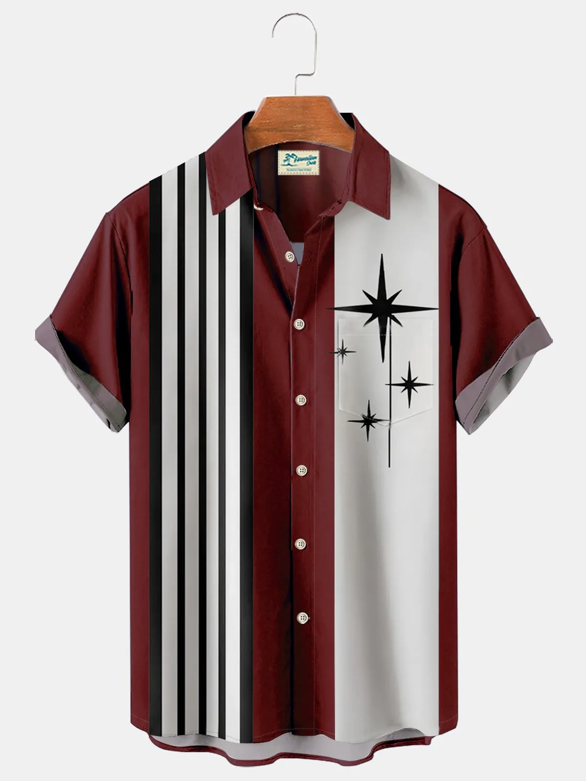 retro bowling geometric pattern stripe print men's chest pocket holiday shirt oversized shirt