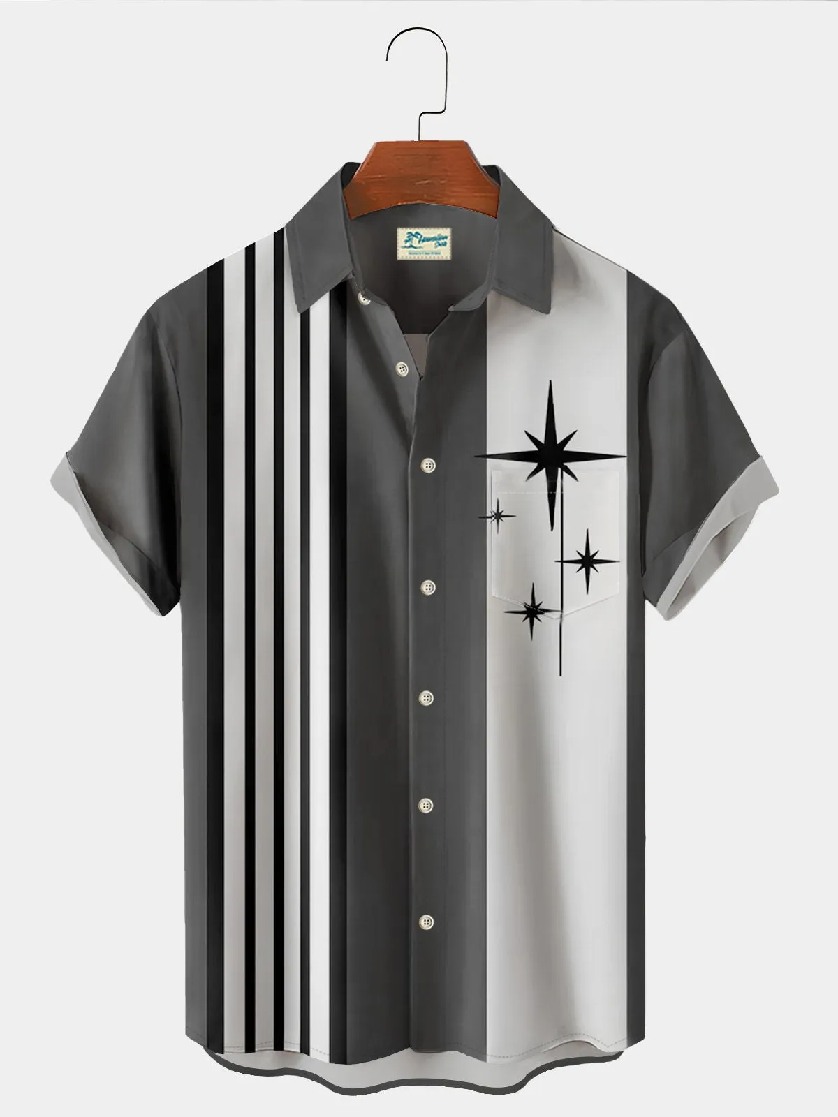 retro bowling geometric pattern stripe print men's chest pocket holiday shirt oversized shirt