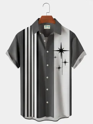 retro bowling geometric pattern stripe print men's chest pocket holiday shirt oversized shirt