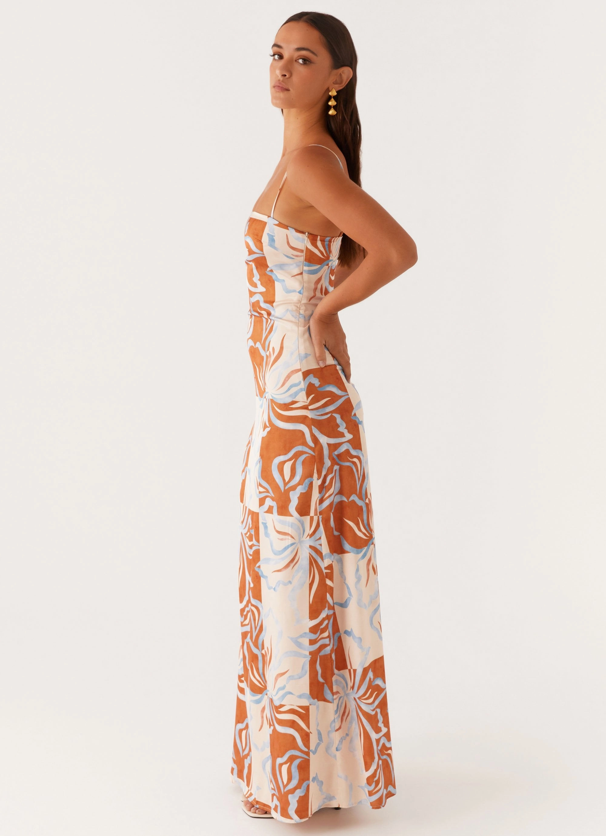 Aster Bloom Maxi Dress - Orange Blue Floral Relaxed Finish