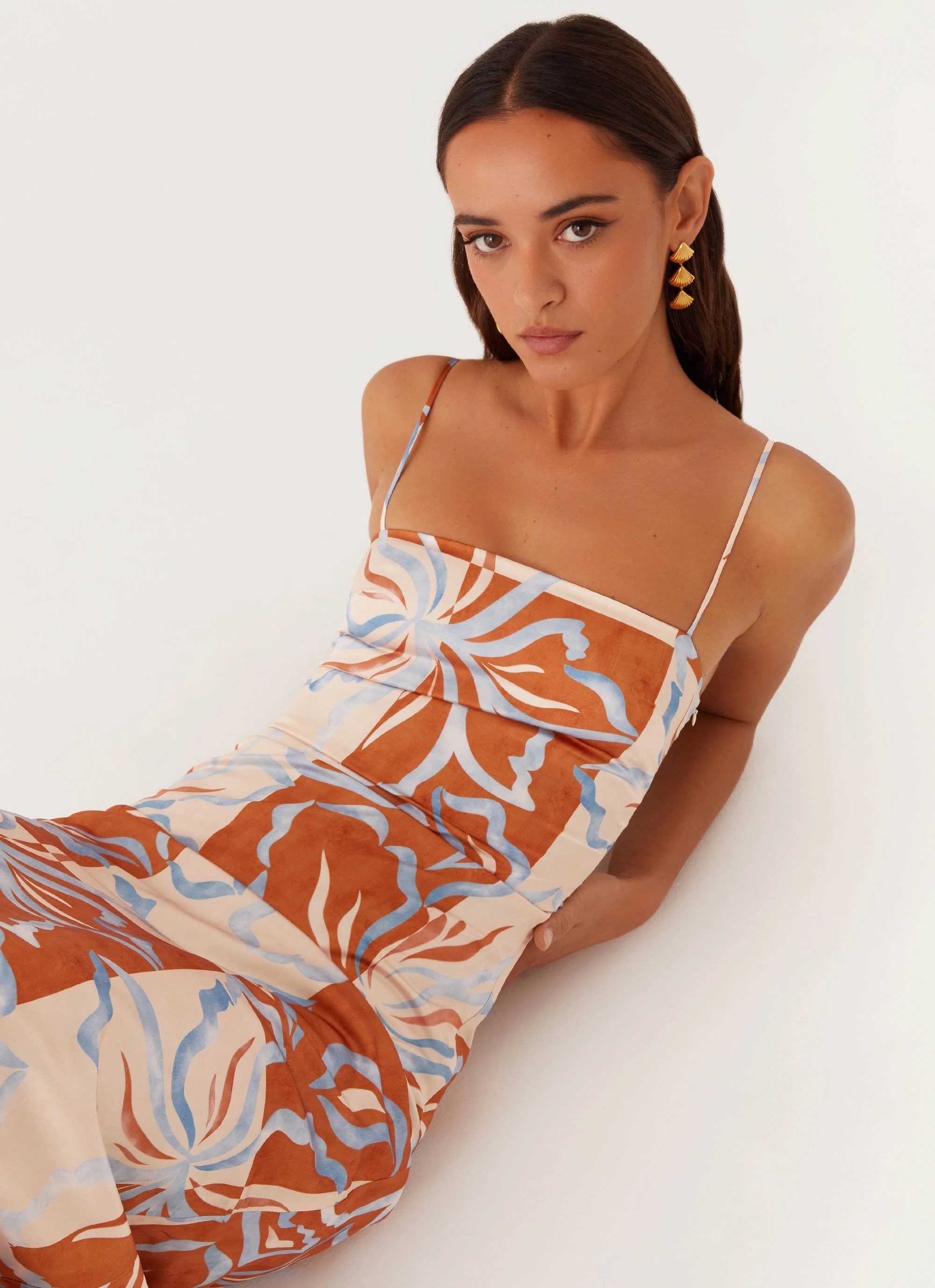 Chic Rhythm Tassel-Detail Aster Bloom Maxi Dress - Orange Blue Floral