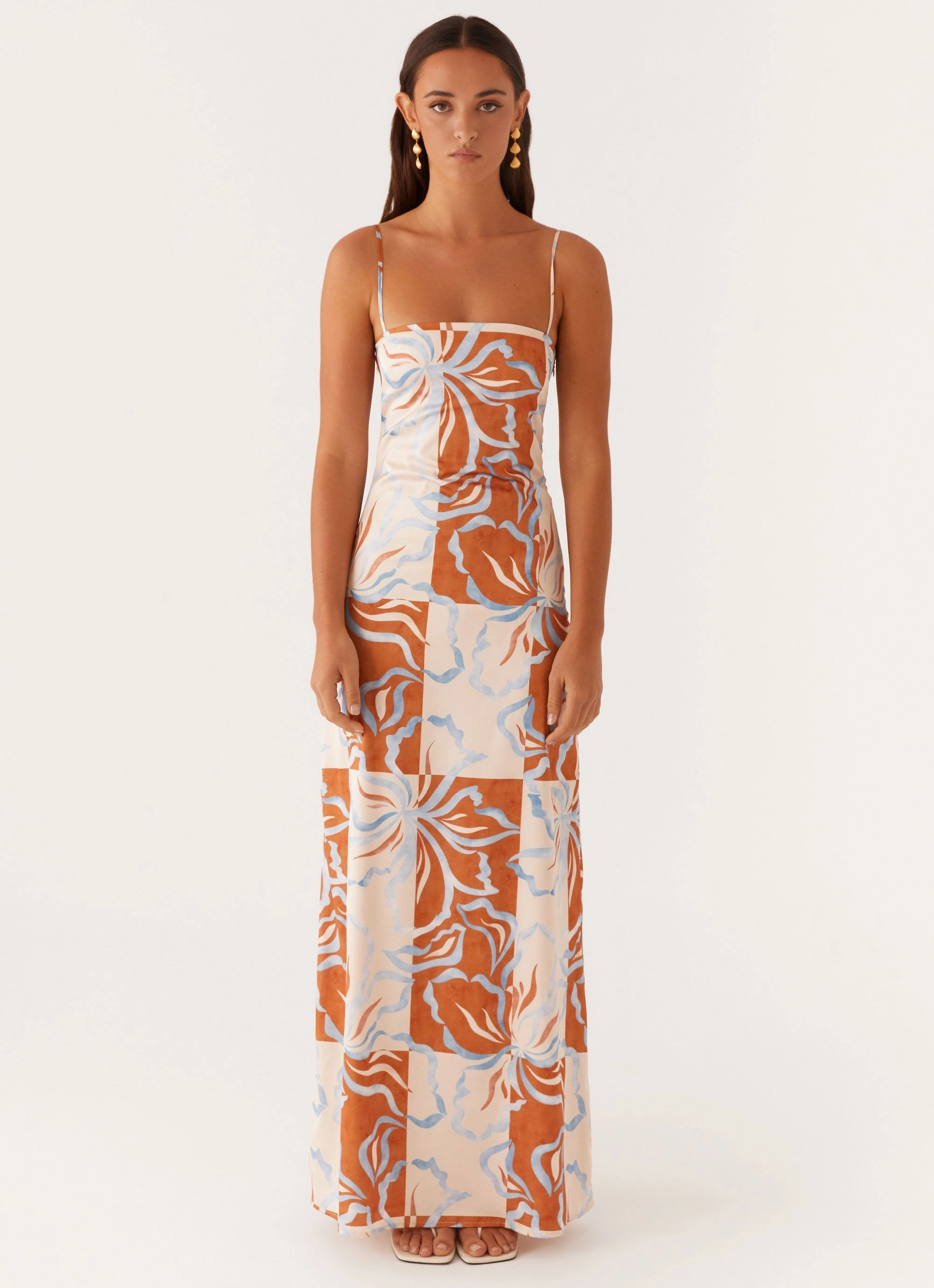 Go To Wear High Cut Aster Bloom Maxi Dress - Orange Blue Floral
