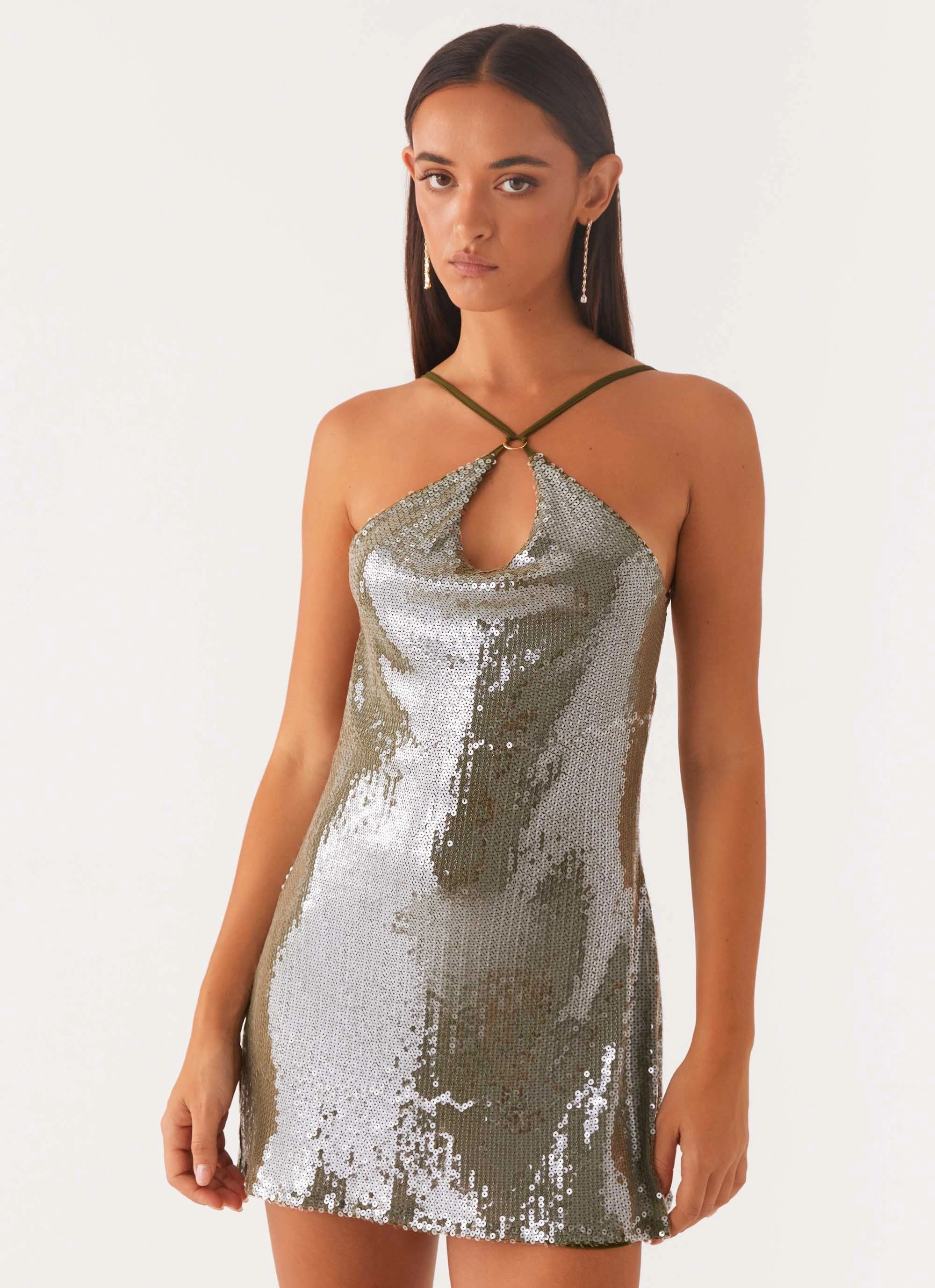 Radiant Energy Cowl Back Mini Dress - Olive Layered-Sleeve