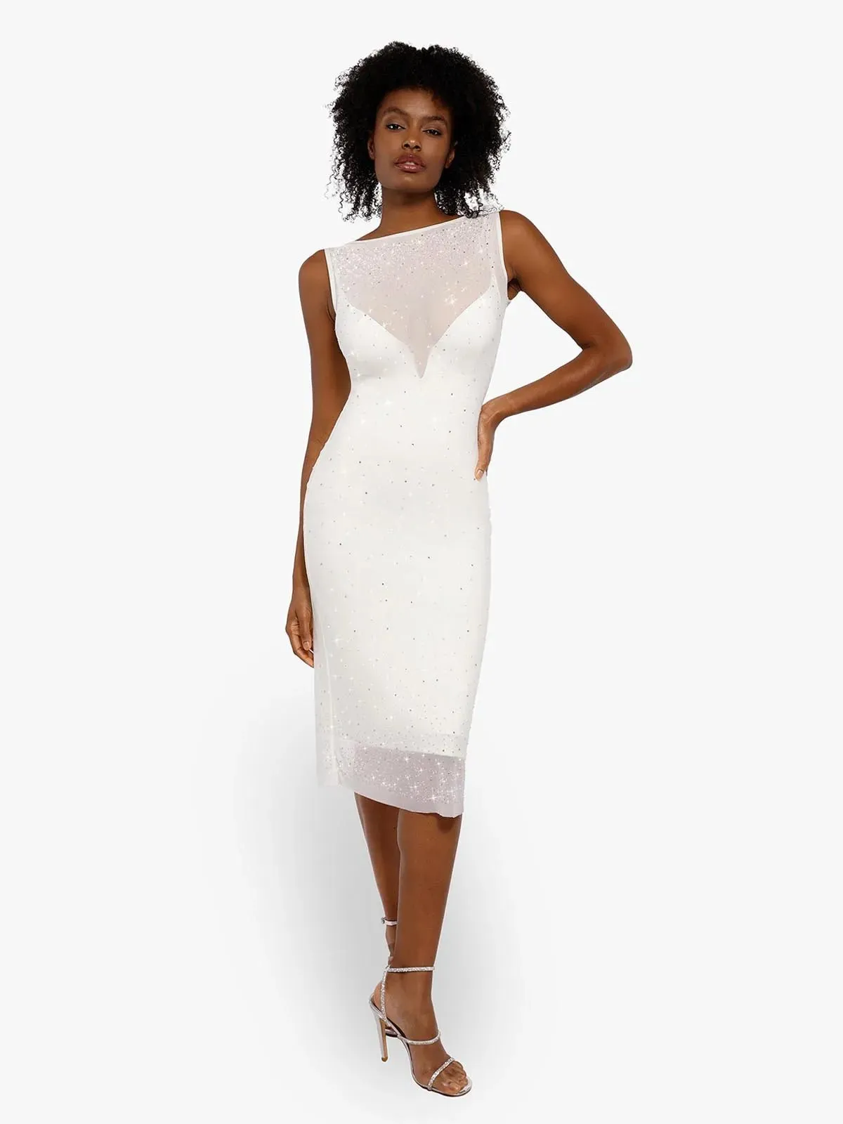 Minimalist Collar Ultra Soft Handfeel Shapewear Two-in-One Heat-Set Crystal Mesh Slim Midi Dress