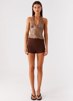 Durable Interlock Stitch Reyce Sequin Top - Tan