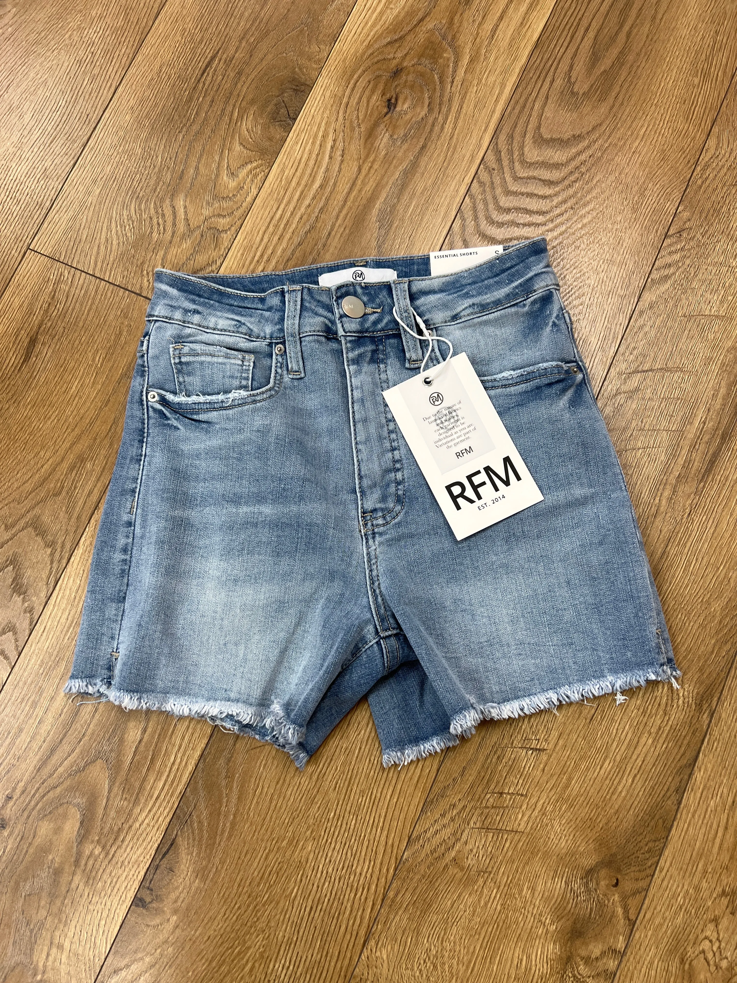RFM Medium Wash Denim Shorts with Side Slits and Tummy Control