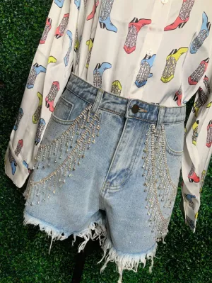 Rhinestone Fringe Denim Shorts