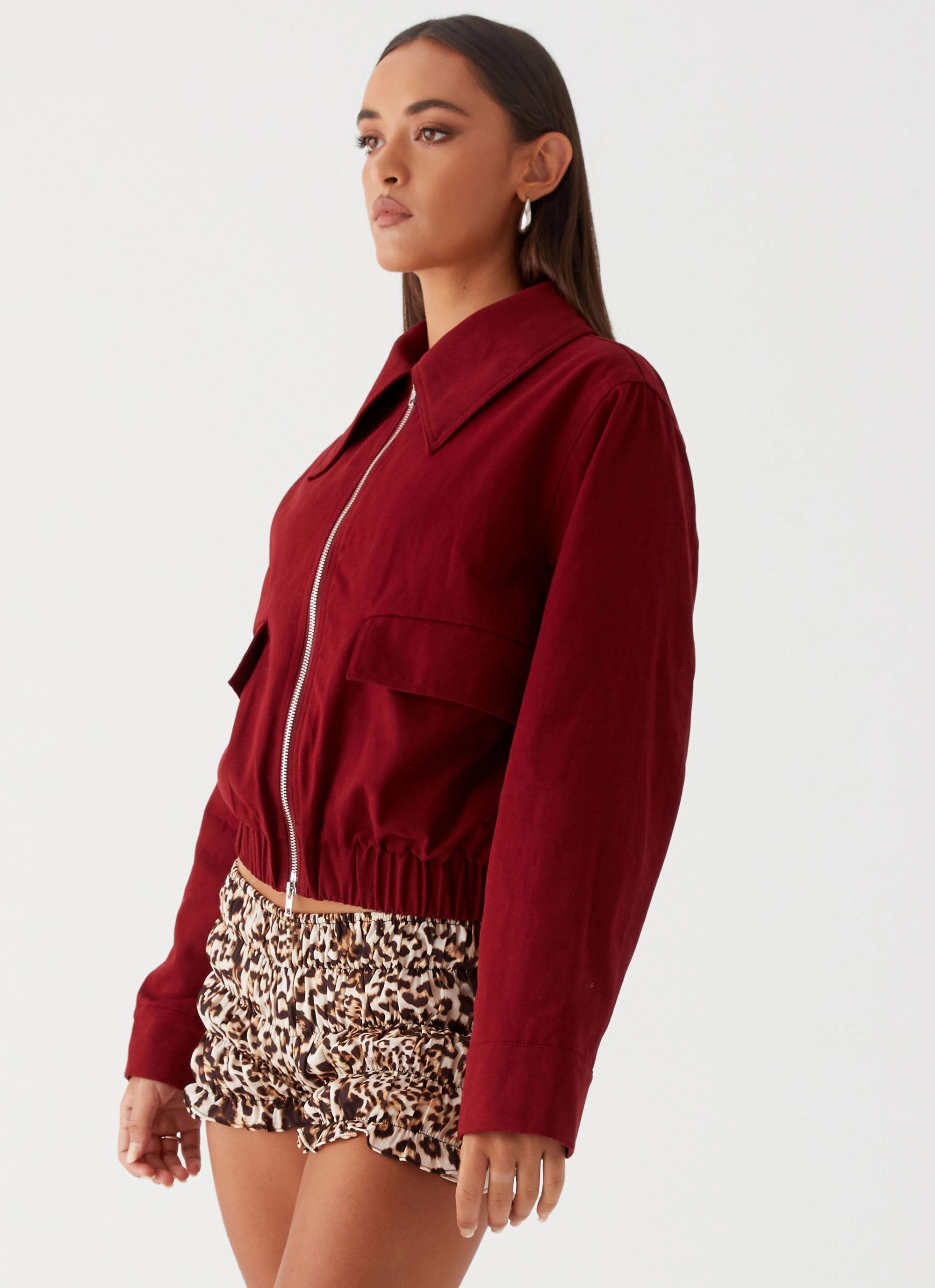 Right Direction Oversized Bomber Jacket - Deep Red Recycled Polyester Blend Long Length