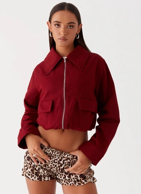 Many Pockets Right Direction Oversized Bomber Jacket - Deep Red
