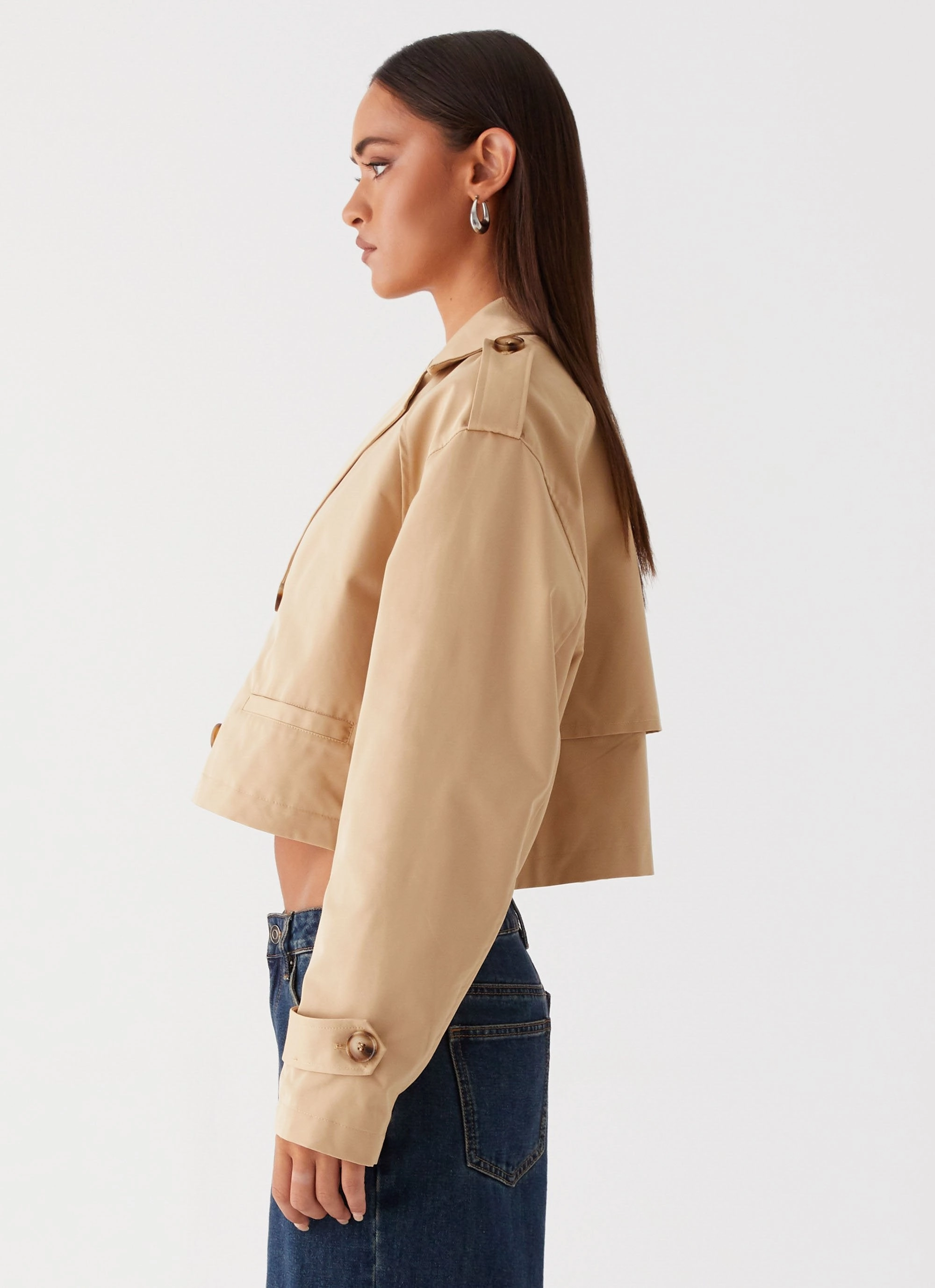 OdorResistantFabric Magnetic Fasteners Teddie Cropped Trench Coat - Camel